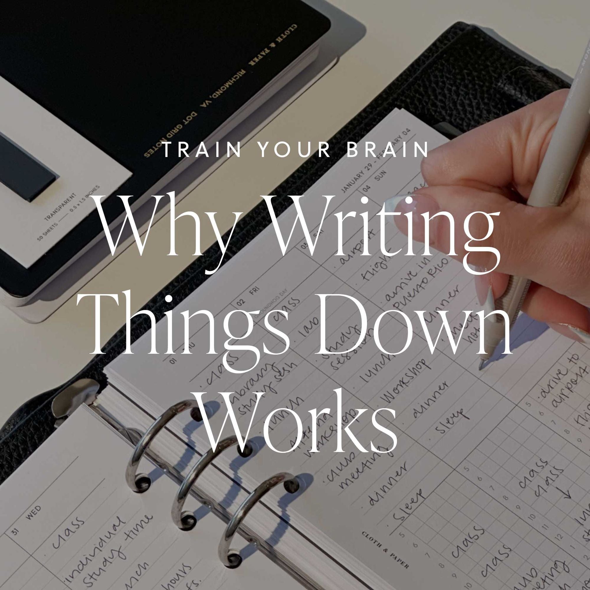 An image of a person writing on her planner using Weekly Schedule Planner Inserts with a text overlay that reads: Why Writing Things Down Work.