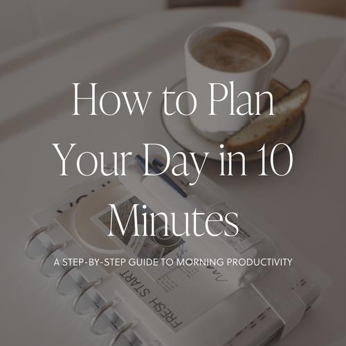 A planner with the Adjustable Notebook Pouch in Le Blanc is paired with coffee and biscotti. Overlaid text reads: "How to Plan Your Day in 10 Minutes: A Step-by-Step Guide to Morning Productivity."