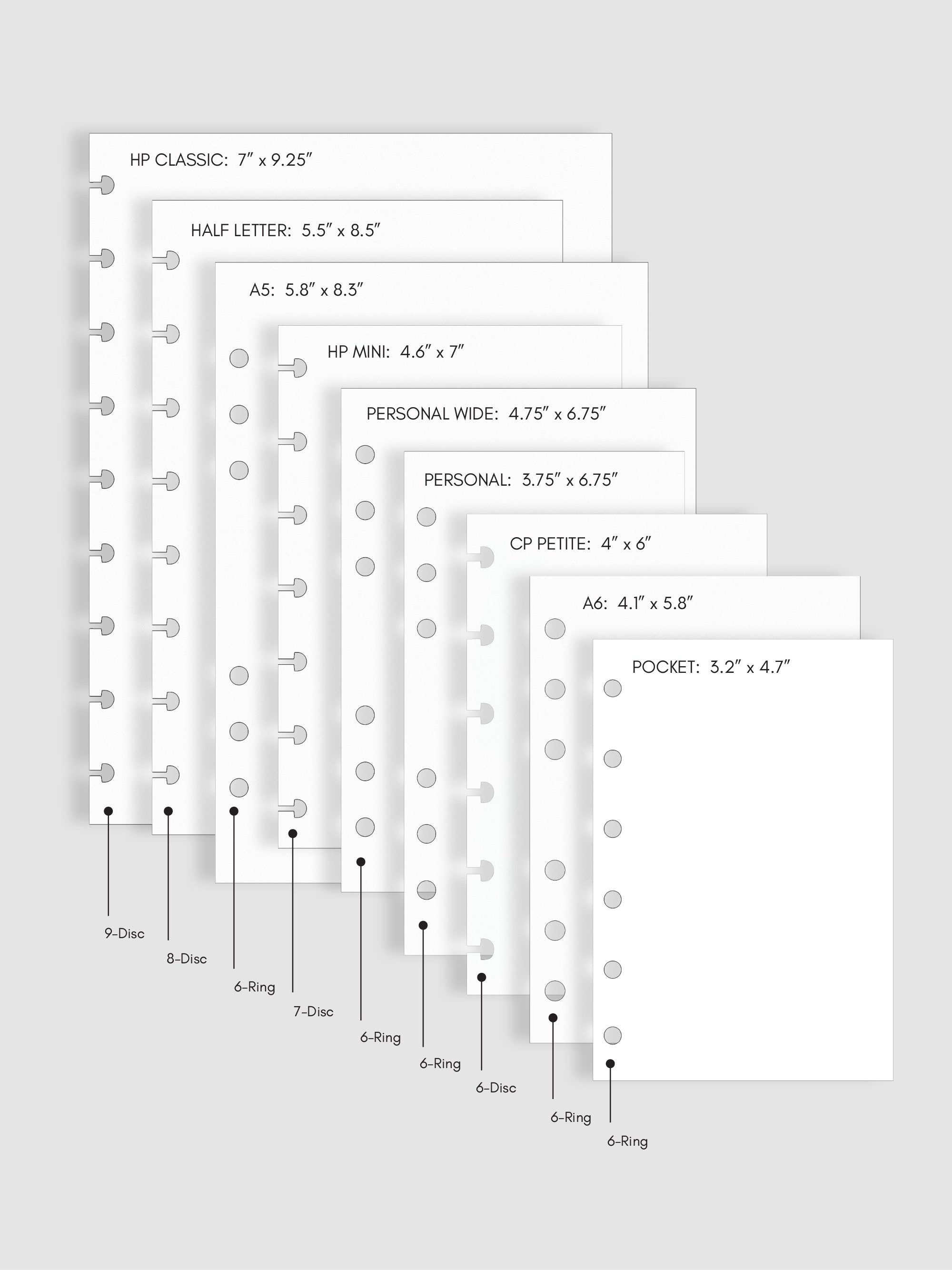 Cloth & Paper planner size guide showing sizes Pocket, A6, CP Petite, Personal, Personal Wide, HP Mini, A5, Half Letter, and HP Classic shown with measurements in inches and with punch type.