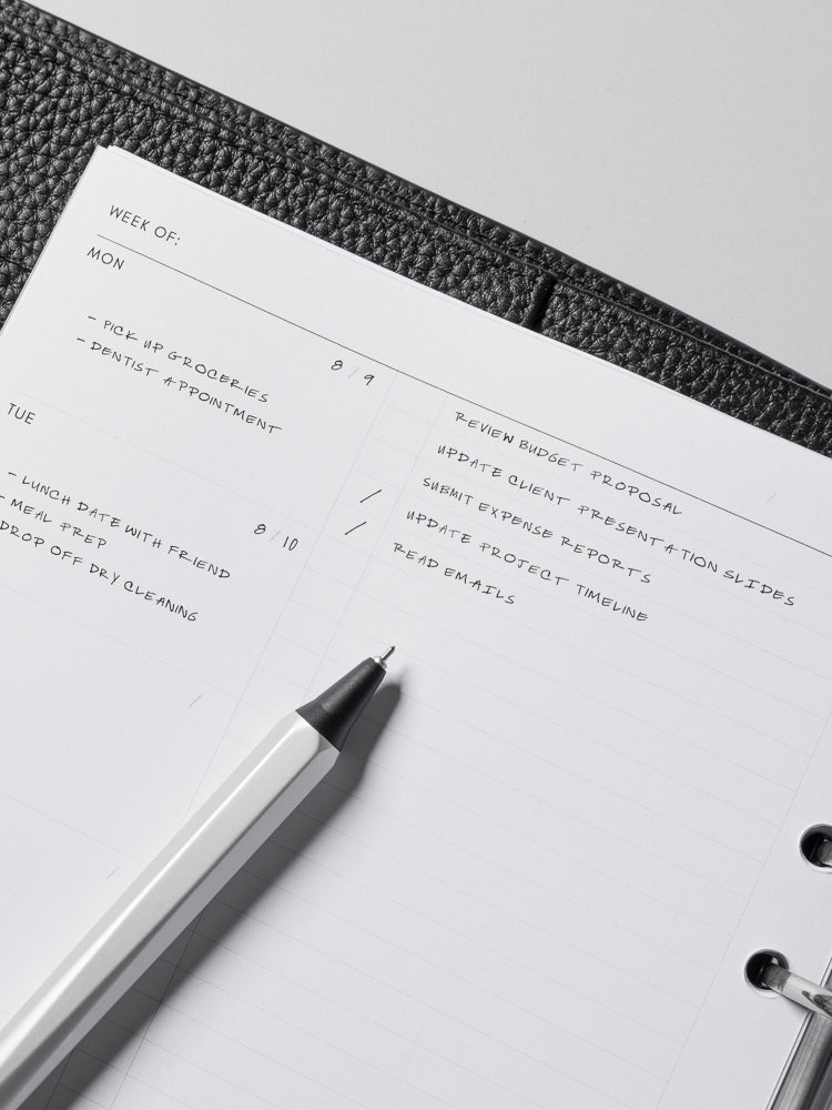 OHTO GS02 Roller Gel Pen in Matte Silver shown resting on a planner page.