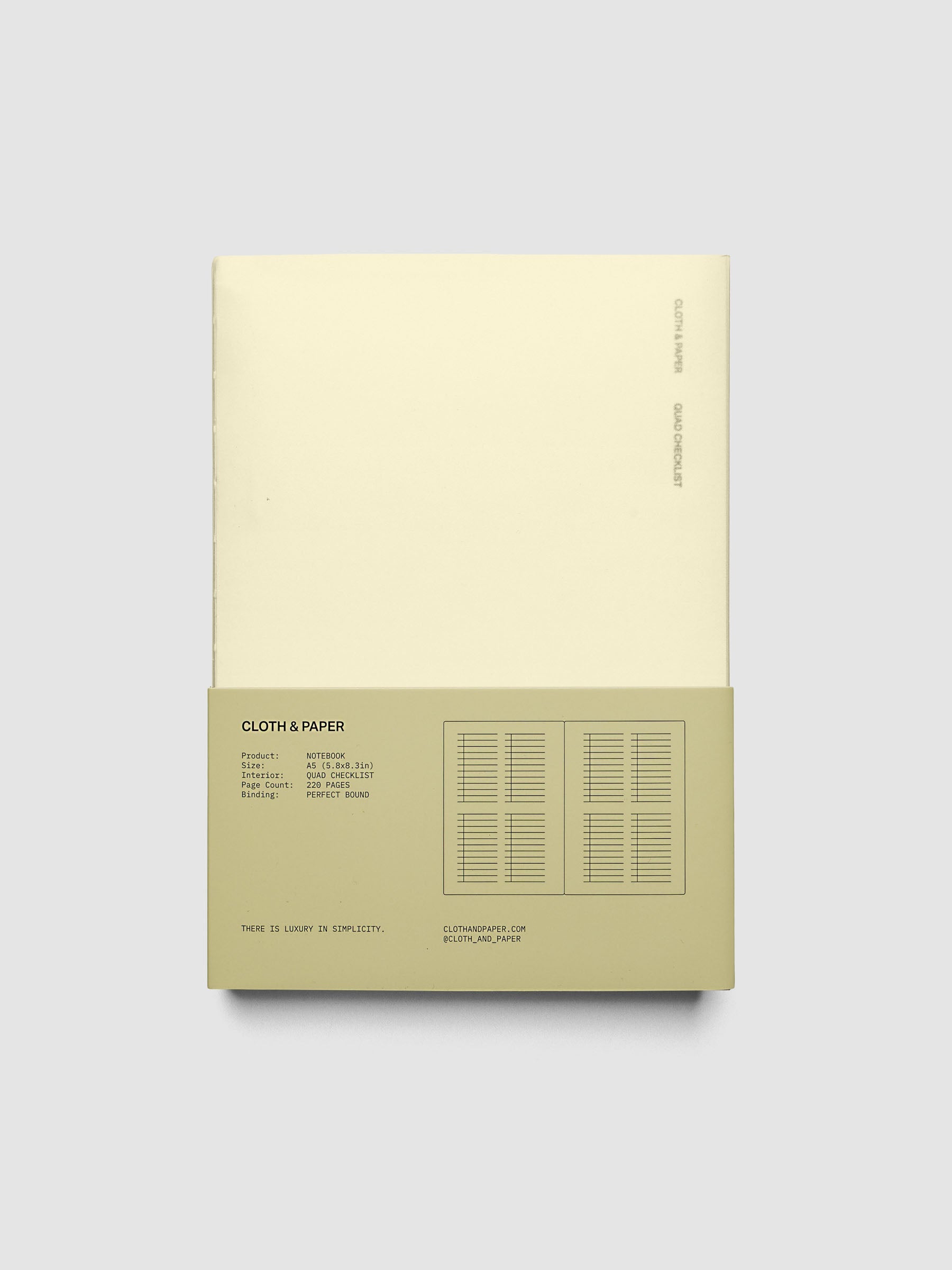 Perfect Bound Notebook | A5 | Quad Checklist shown closed on a neutral background, pale yellow cover with a printed layout key