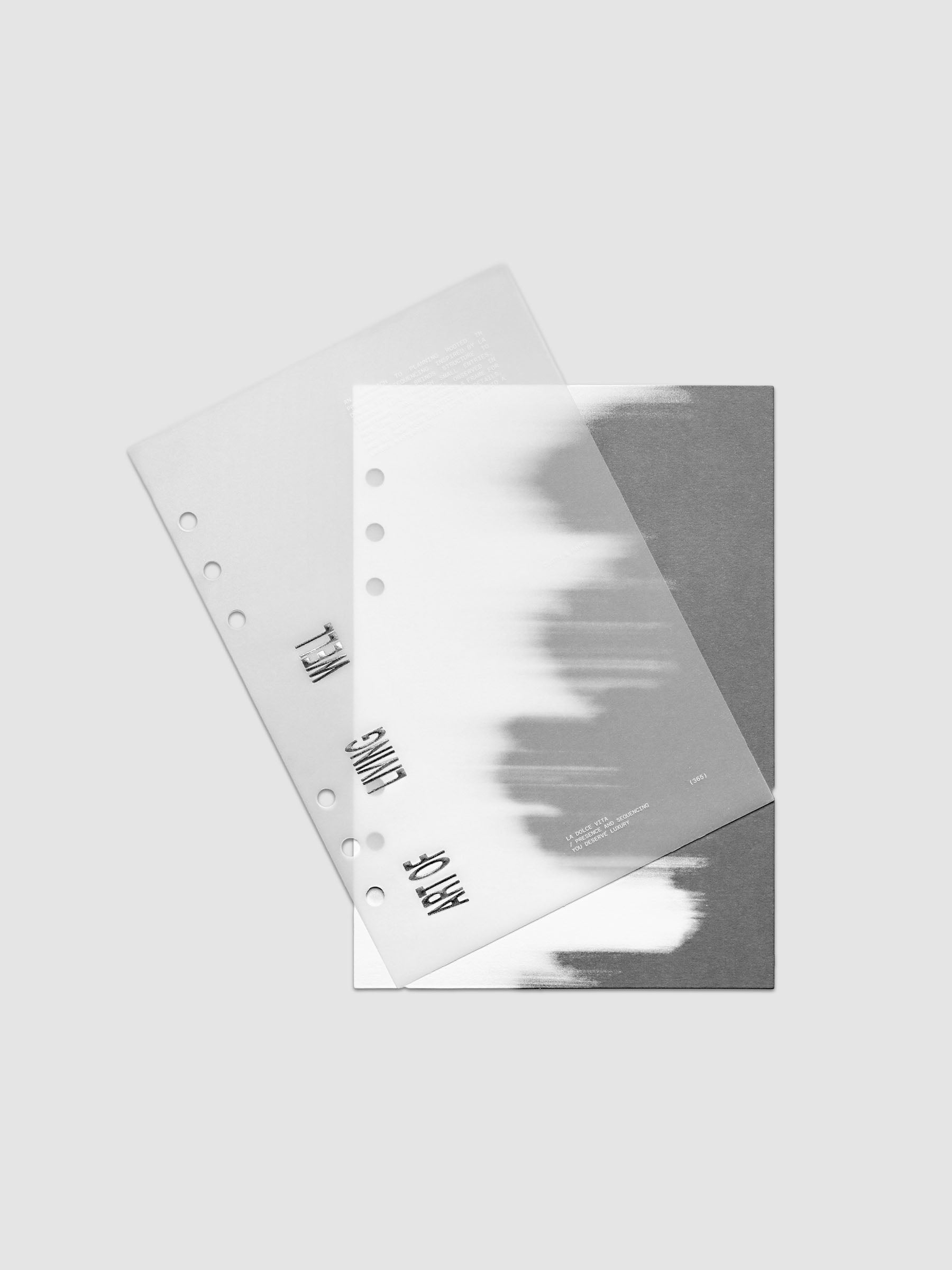 La Dolce Vita Dashboard Duo in A5 6-Ring Punch, a vellum overlay printed in white ink with silver foil layered over a soft gray gradient cardstock base on a light gray background