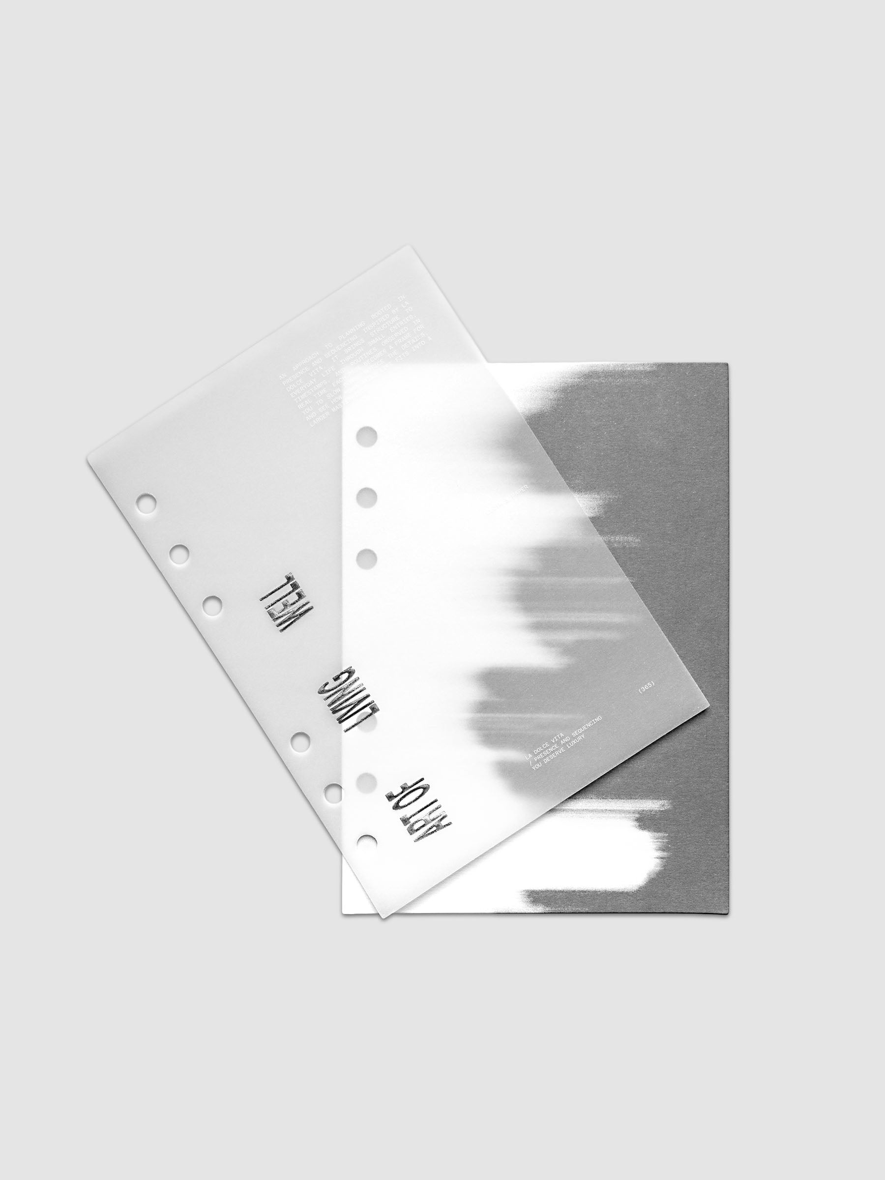 La Dolce Vita Dashboard Duo in Personal Wide 6-Ring Punch, a vellum overlay printed in white ink with silver foil layered over a soft gray gradient cardstock base on a light gray background