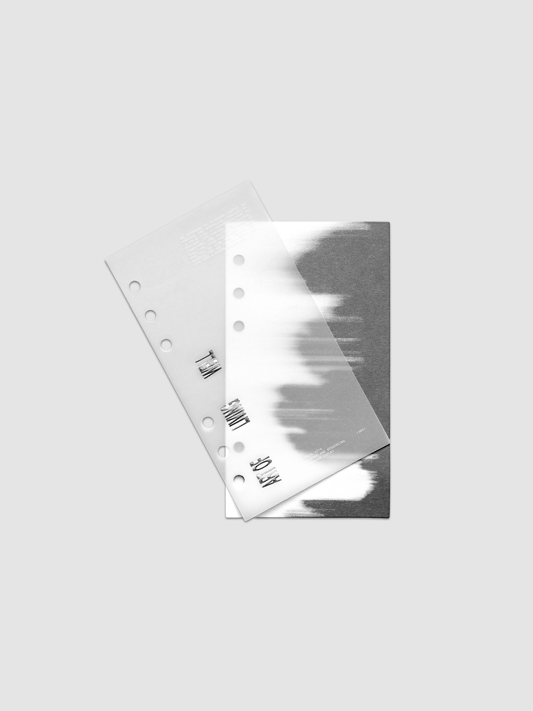 La Dolce Vita Dashboard Duo in Personal 6-Ring Punch, a vellum overlay printed in white ink with silver foil layered over a soft gray gradient cardstock base on a light gray background