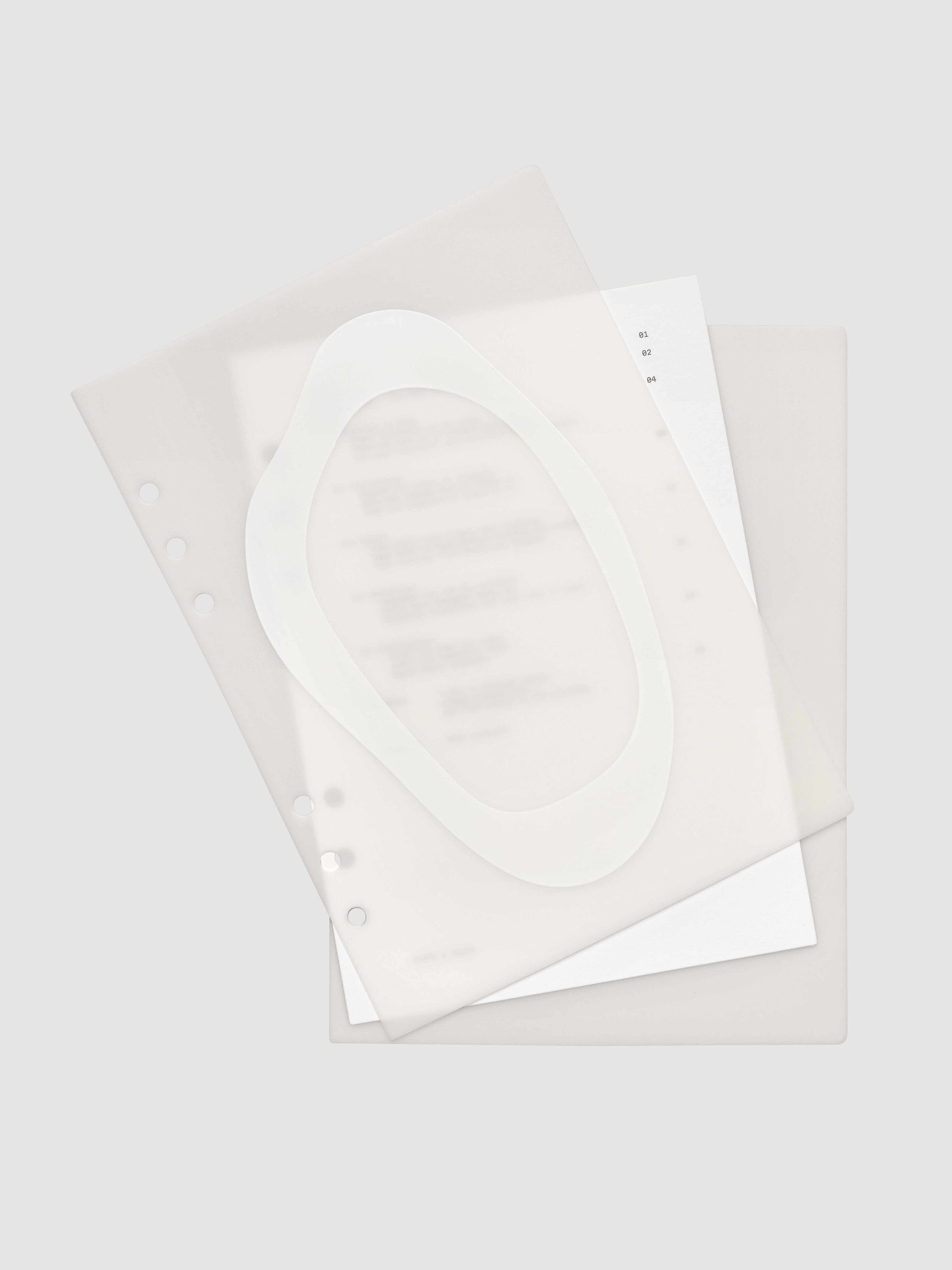 Continuation Planner Cover + Dashboard Set in A5 6-Ring Punch. Milky white frosted plastic cover with a spot gloss organic shape over a black-printed paper dashboard. Image 2 of 5.
