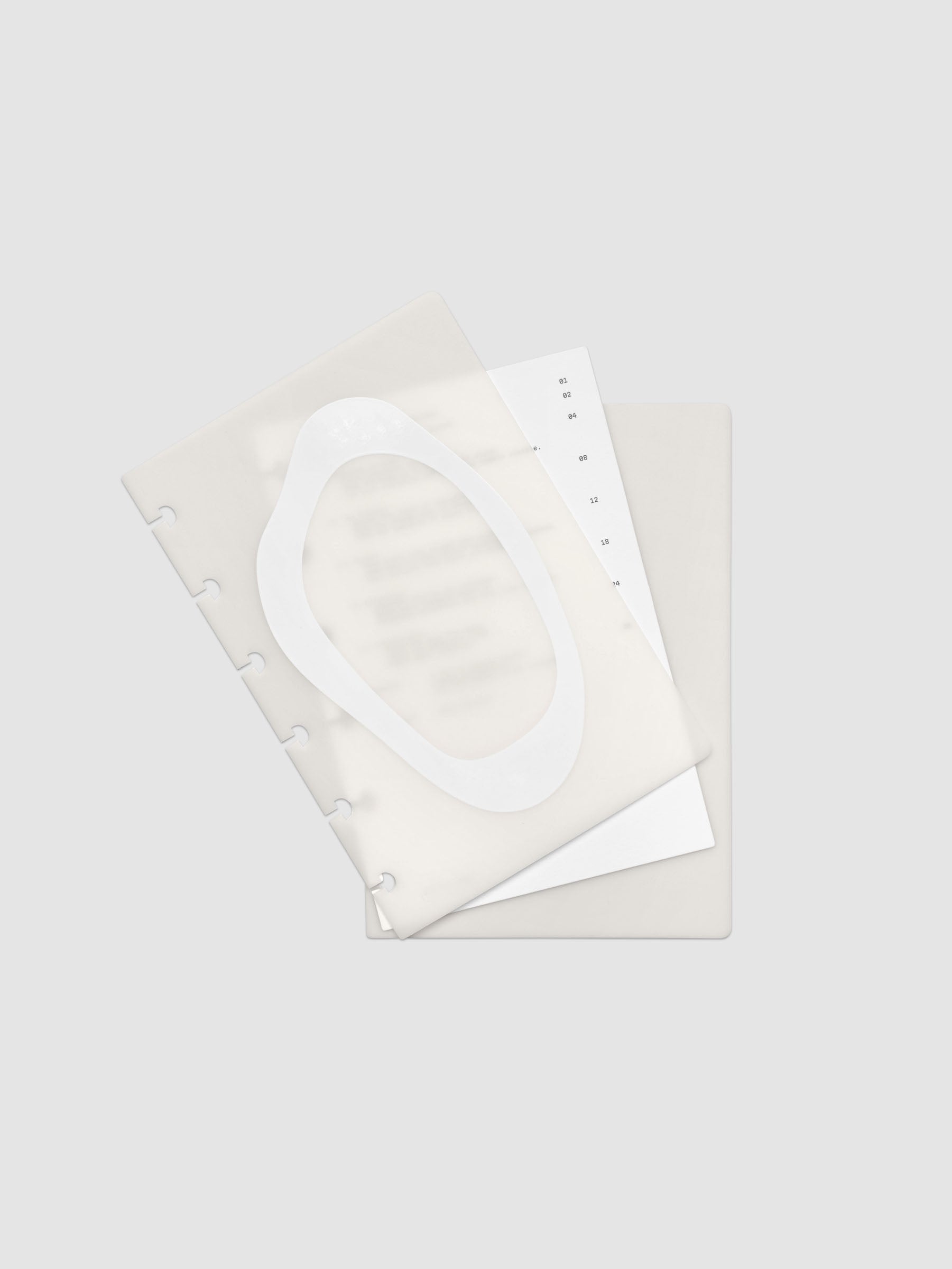 Continuation Planner Cover + Dashboard Set in CP Petite. Milky white frosted plastic cover with a spot gloss organic shape over a black-printed paper dashboard. Image 3 of 3.