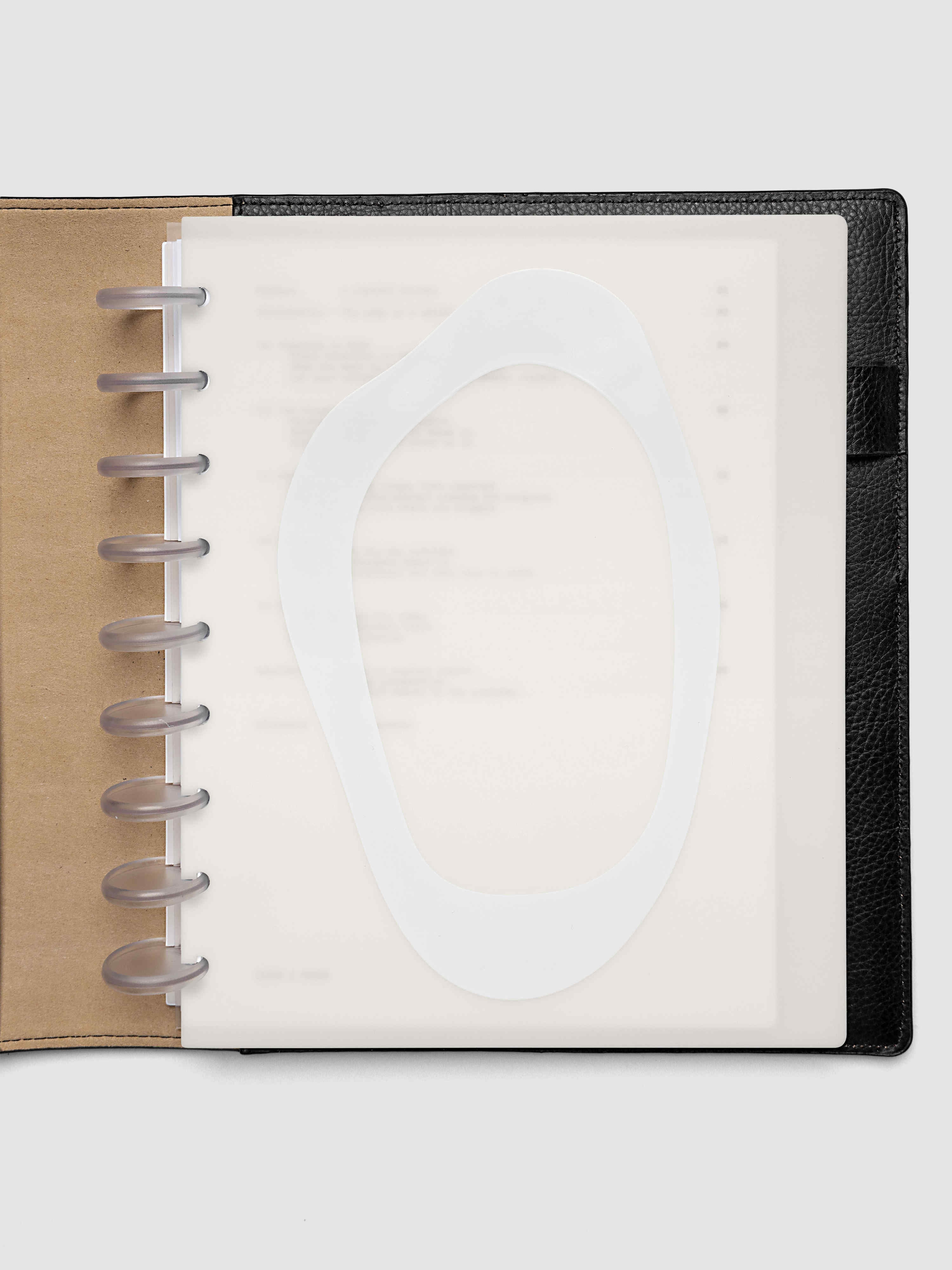 Continuation Planner Cover + Dashboard Set in HP Classic. Milky white frosted plastic cover with a spot gloss organic shape over a black-printed paper dashboard. Image 3 of 3.