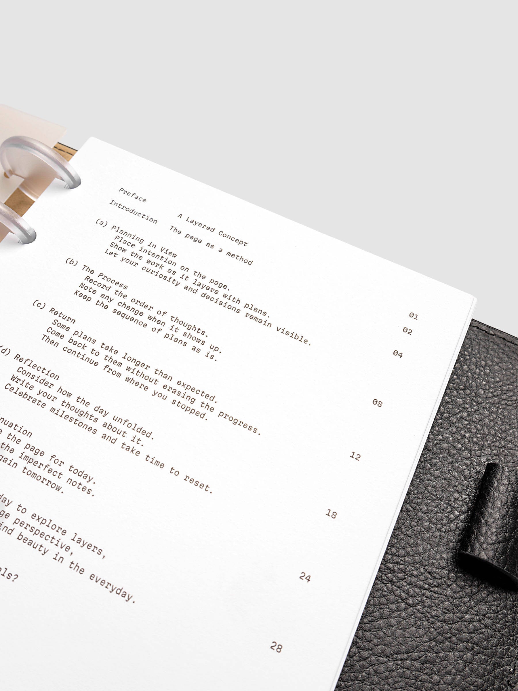 Continuation Planner Cover + Dashboard Set in Half Letter 8-Disc Punch. Milky white frosted plastic cover with a spot gloss organic shape over a black-printed paper dashboard. Image 5 of 6.