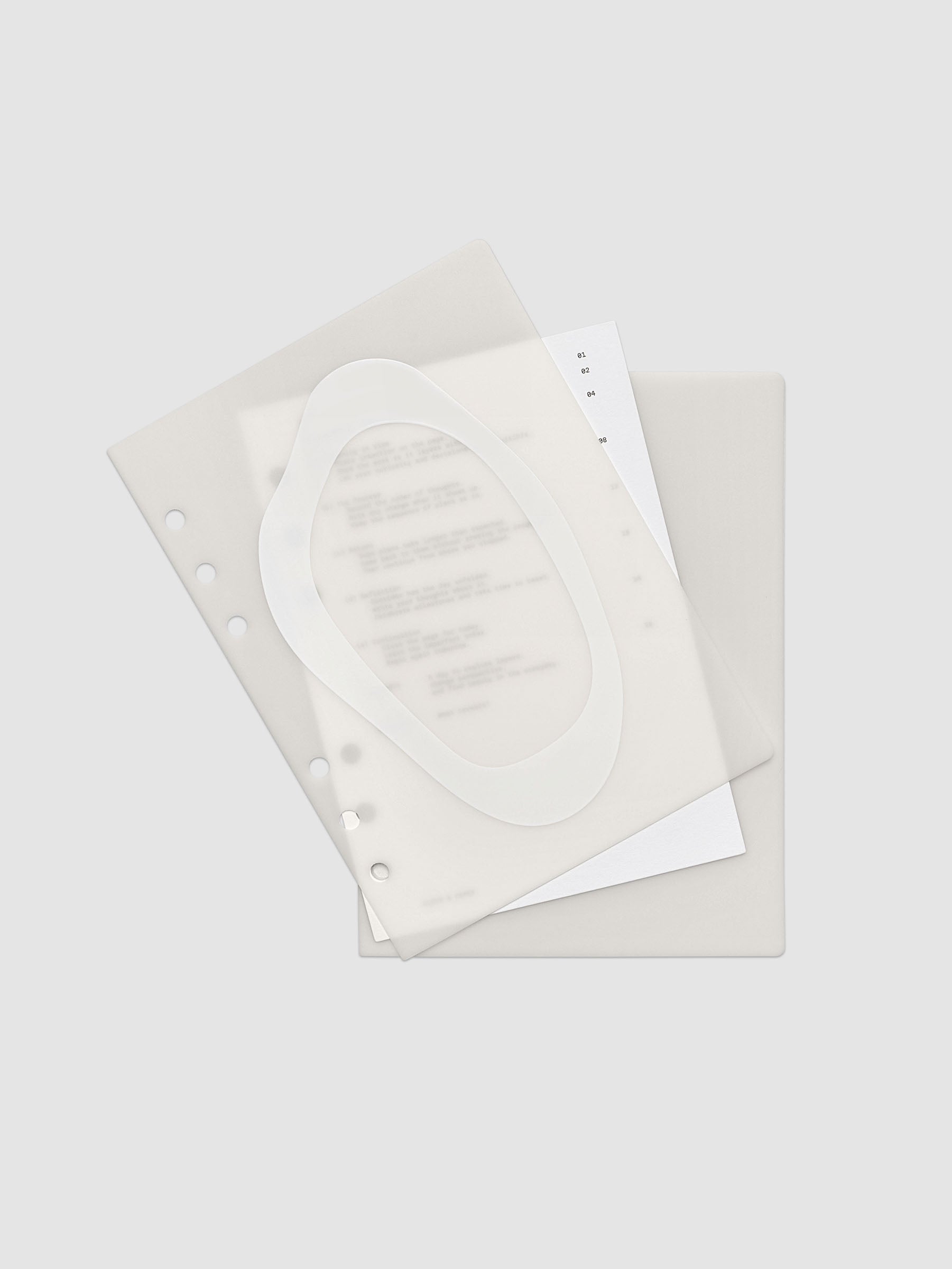 Continuation Planner Cover + Dashboard Set in Personal Wide. Milky white frosted plastic cover with a spot gloss organic shape over a black-printed paper dashboard. Image 2 of 3.