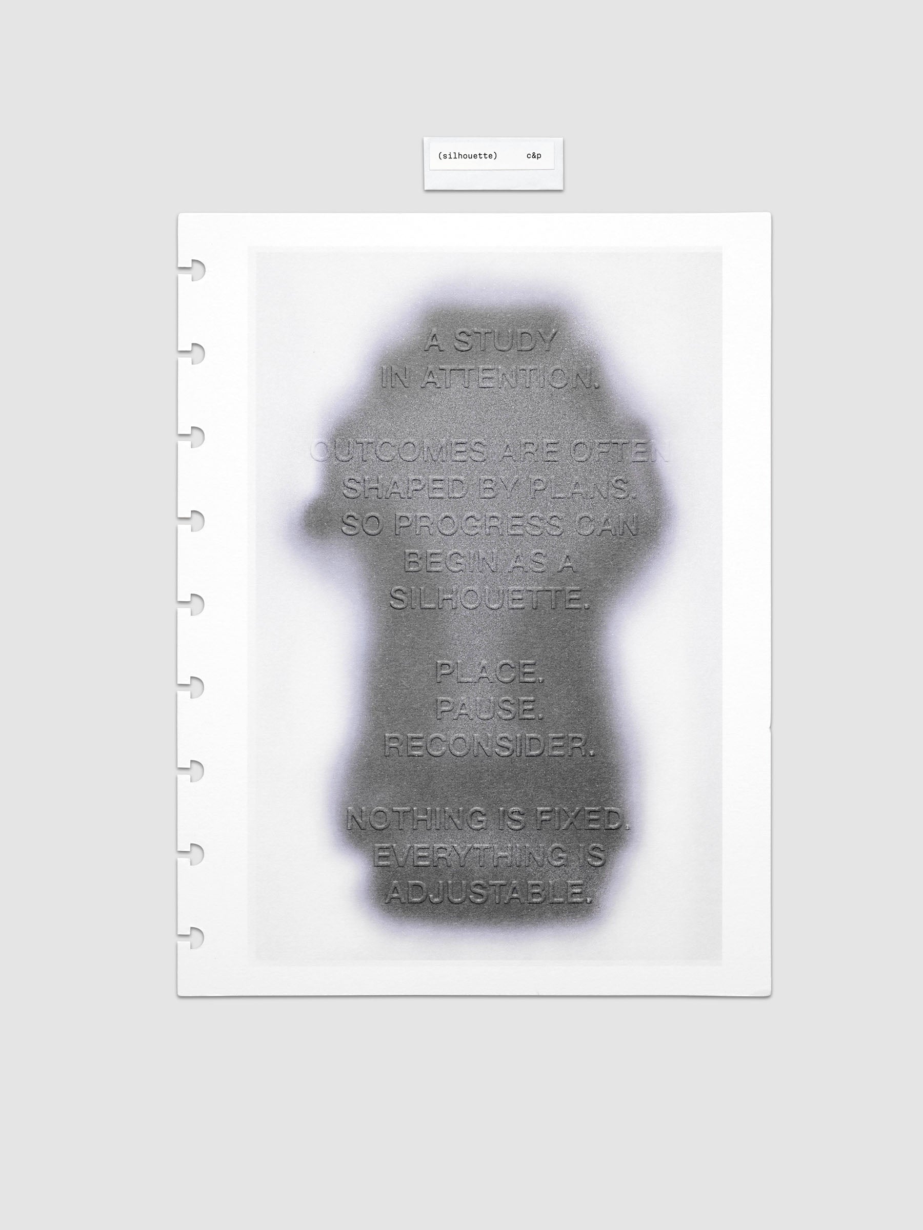 Silhouette Planner Dashboard in HP Classic. Greyscale silhouette print with embossed text on paper. Image 1 of 2.