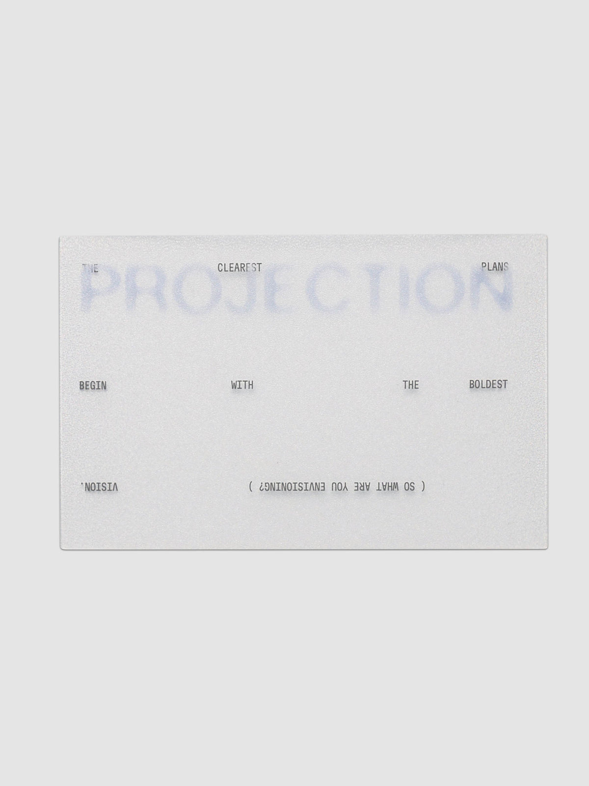 Projection Journaling Card Set, single pale gray card with large soft blue lettering across the top, small black words spaced across the middle, and a black question printed upside down at the base