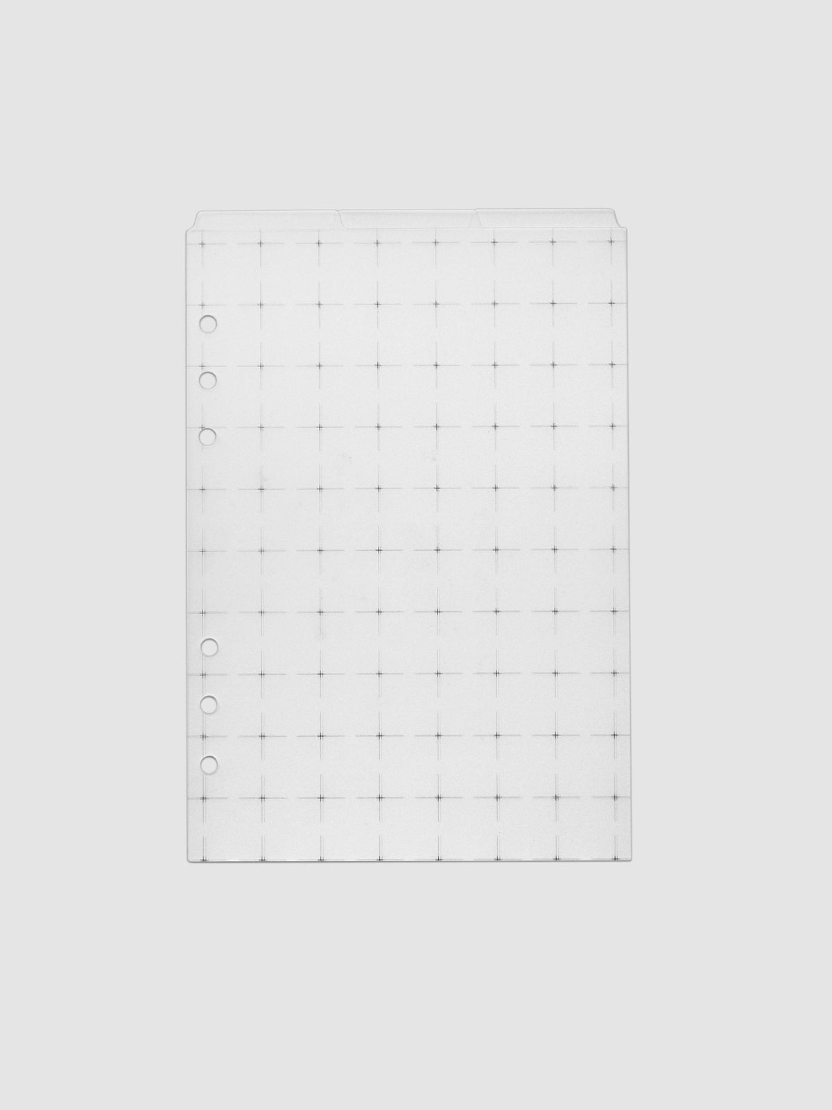 Grid Top Tab Dividers | Ultra-Thin, A5 6-Ring Punch, three frosted white dividers stacked flat so the three staggered top tabs read across the top edge, fine black crosshair grid print and six ring holes down the left