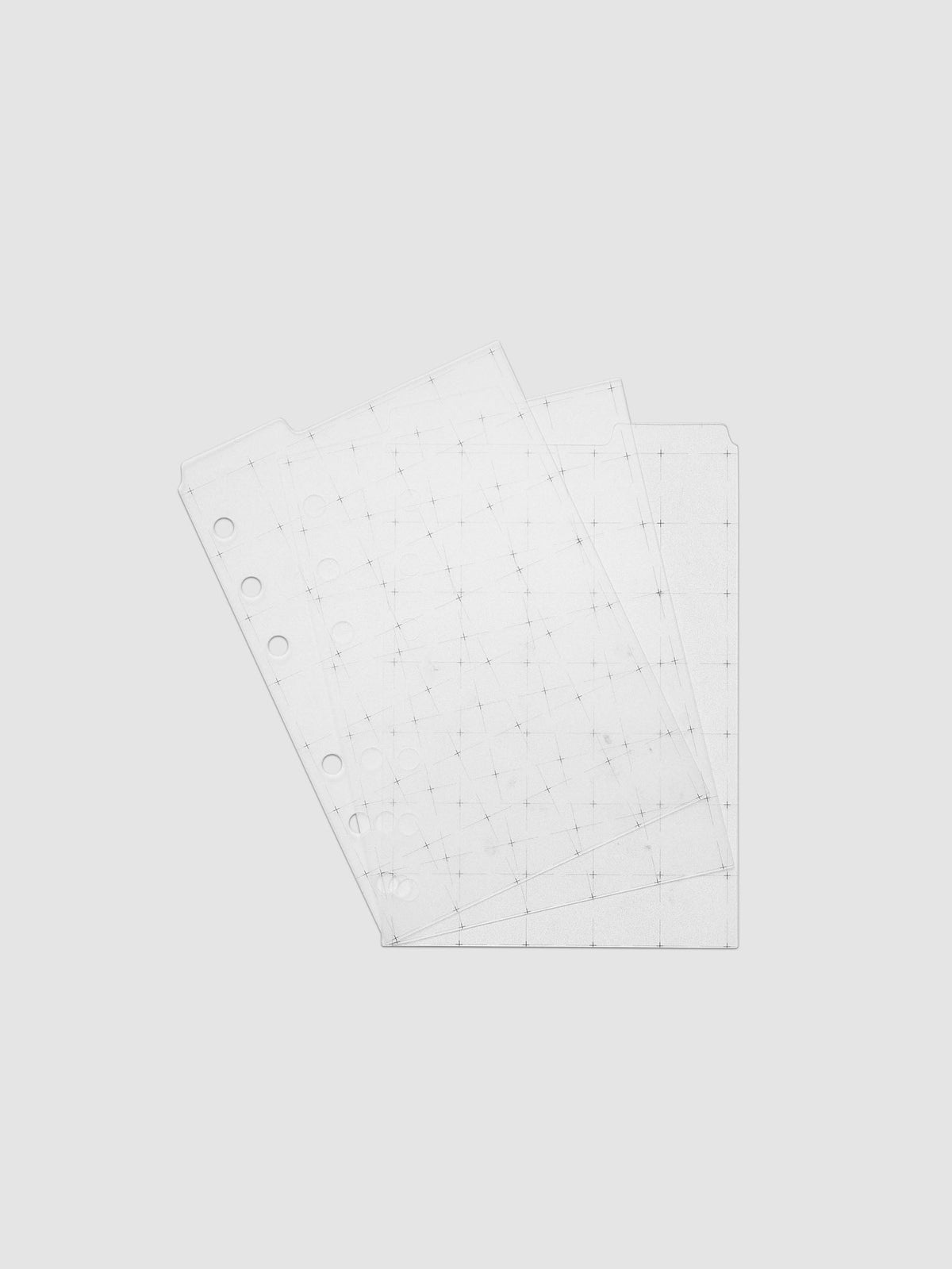Grid Top Tab Dividers | Ultra-Thin, A6 6-Ring Punch, the three dividers fanned out at an angle so the left, center and right tabs are all visible