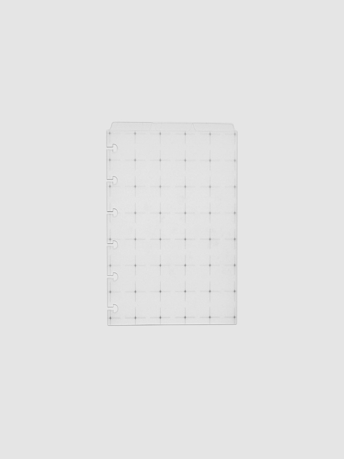 Grid Top Tab Dividers | Ultra-Thin, CP Petite 6-Disc Punch, three frosted white dividers stacked flat showing six disc notches along the left edge and three staggered top tabs