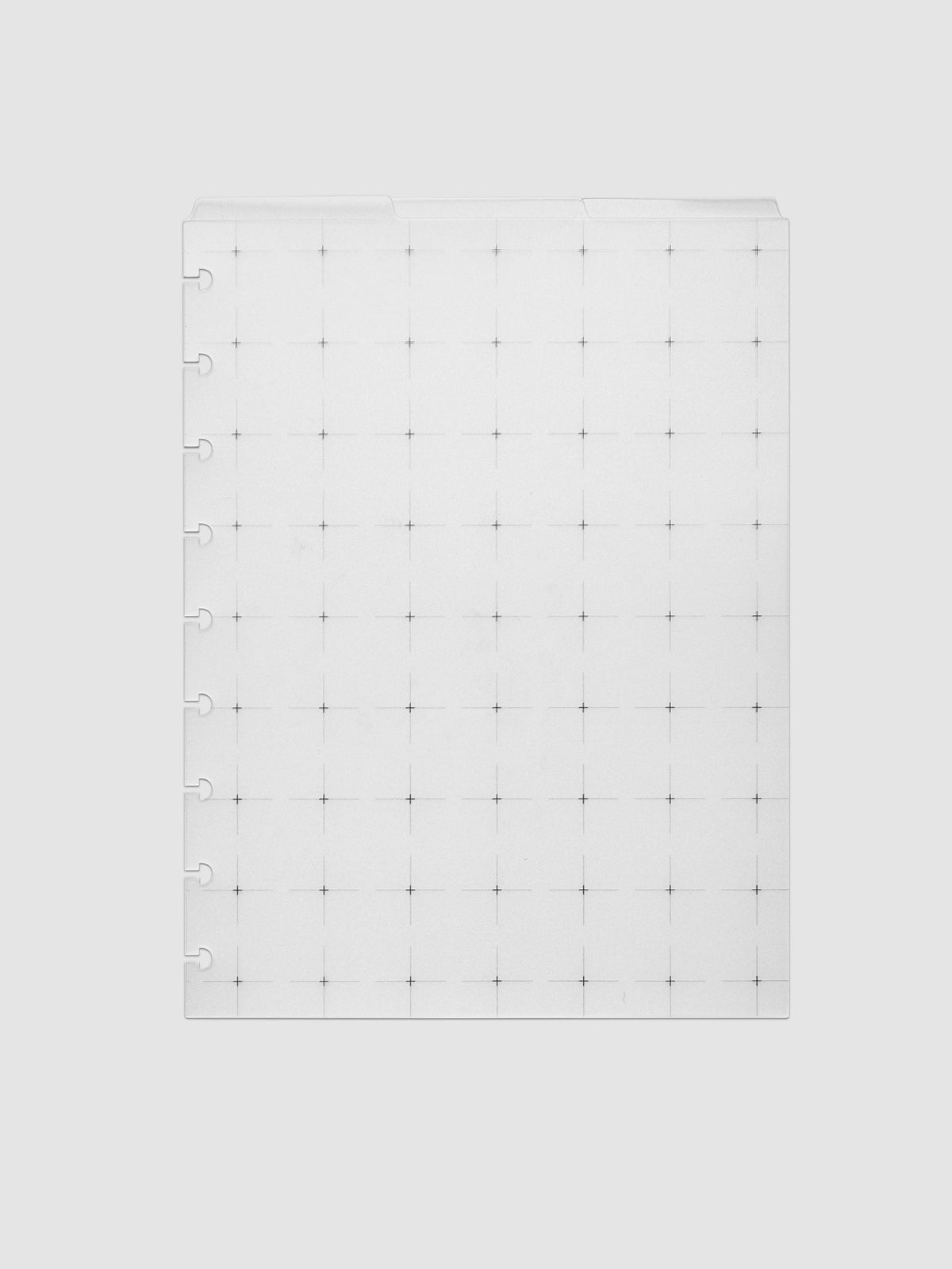 Grid Top Tab Dividers | Ultra-Thin, HP Classic 9-Disc Punch, three frosted white dividers stacked flat with nine disc notches along the left edge and three staggered top tabs