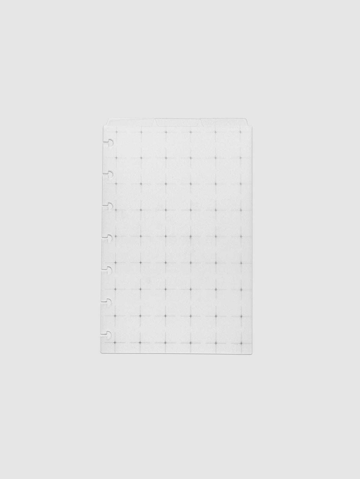 Grid Top Tab Dividers | Ultra-Thin, HP Mini 7-Disc Punch, three frosted white dividers stacked flat showing seven disc notches and three staggered tabs at the top
