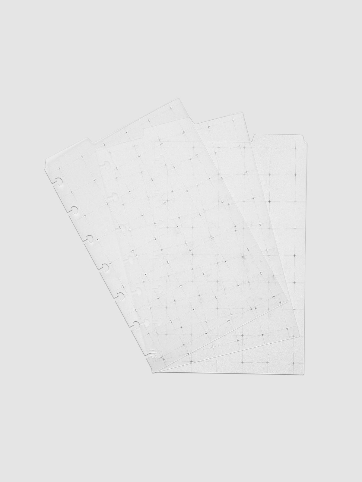 Grid Top Tab Dividers | Ultra-Thin, HP Mini 7-Disc Punch, the three dividers fanned out to show the left, center and right tab positions