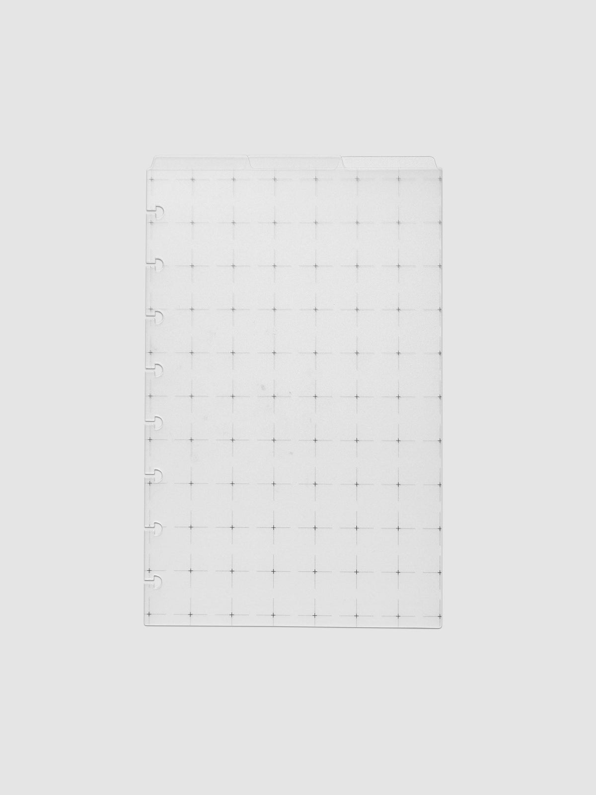 Grid Top Tab Dividers | Ultra-Thin, Half Letter 8-Disc Punch, three frosted white dividers stacked flat with disc notches down the left edge and three staggered tabs across the top