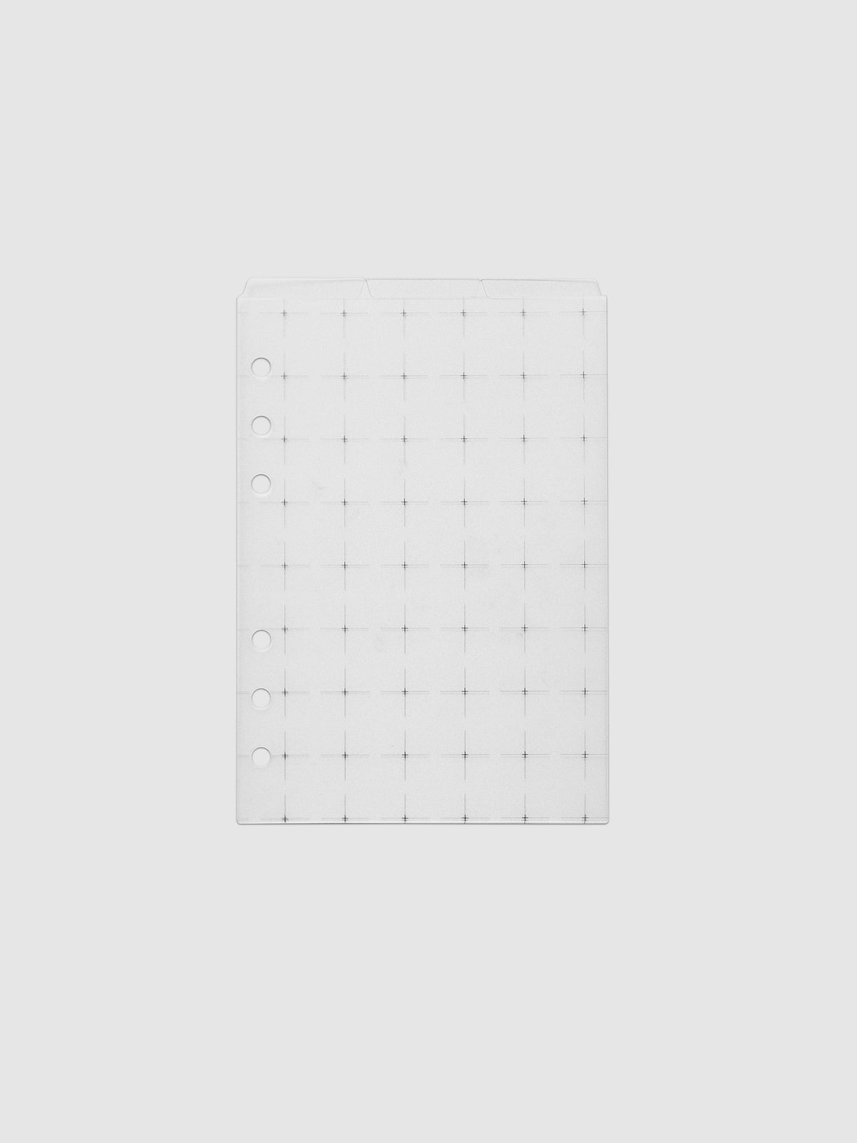 Grid Top Tab Dividers | Ultra-Thin, Personal Wide 6-Ring Punch, three frosted white dividers stacked flat with six ring holes and three staggered tabs along the top edge