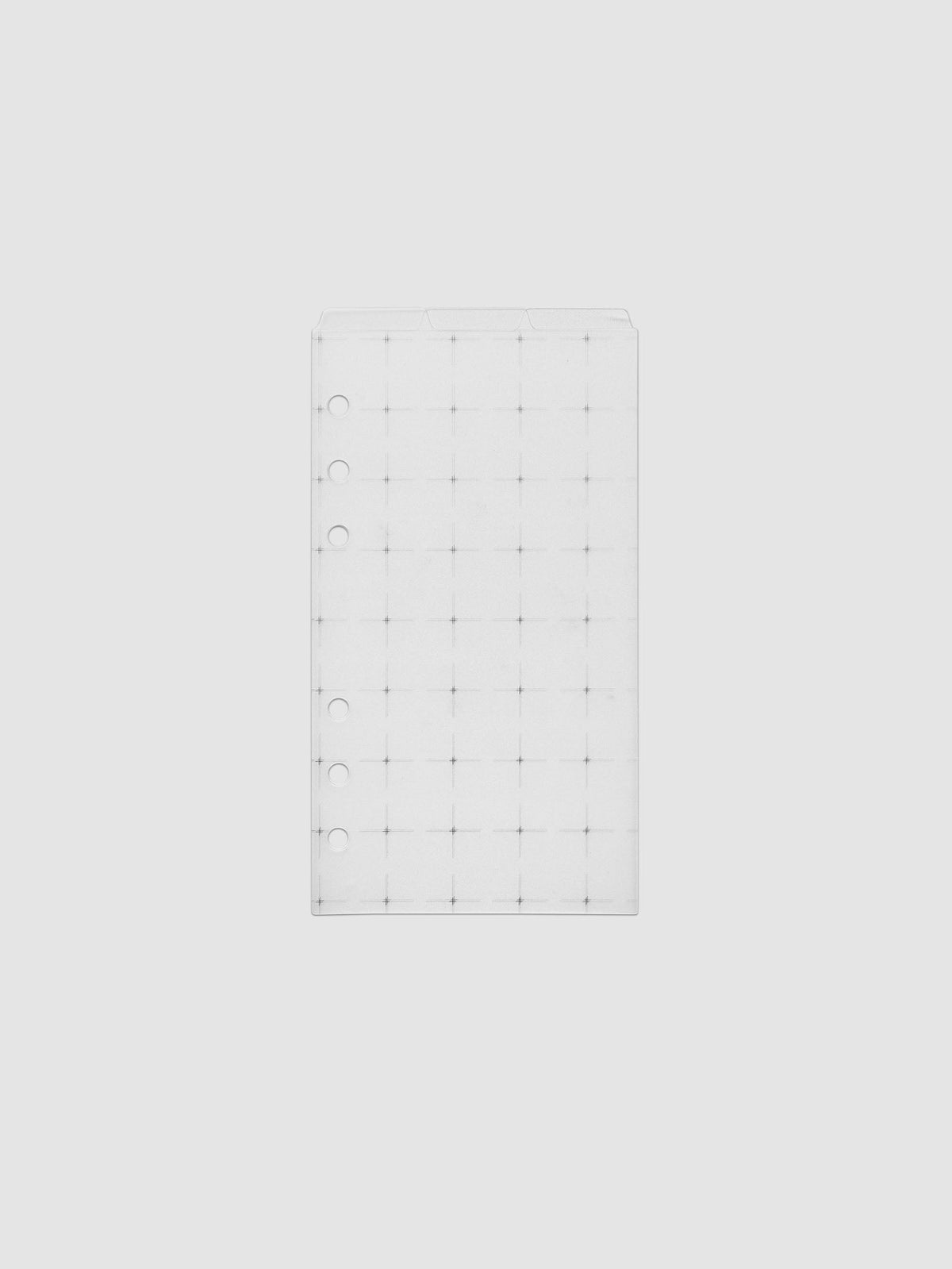 Grid Top Tab Dividers | Ultra-Thin, Personal 6-Ring Punch, three narrow frosted white dividers stacked flat with six ring holes down the left and three staggered top tabs