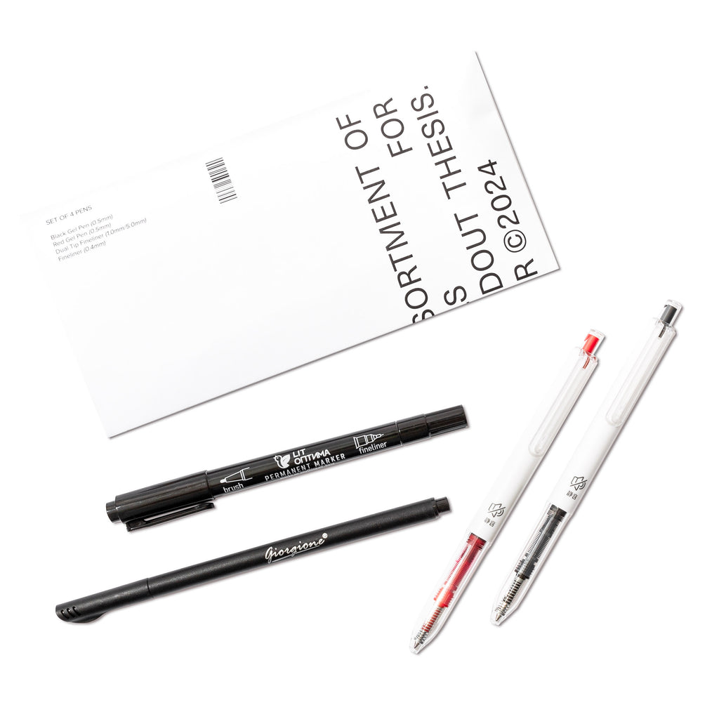 Editor's Pen Set, Cloth and Paper. Pen set shown with its packaging on a white background. Pens shown are Giorgonne Fineliner, Hobby Silent Pens in black and red, and a Lit Ontma Marker. 