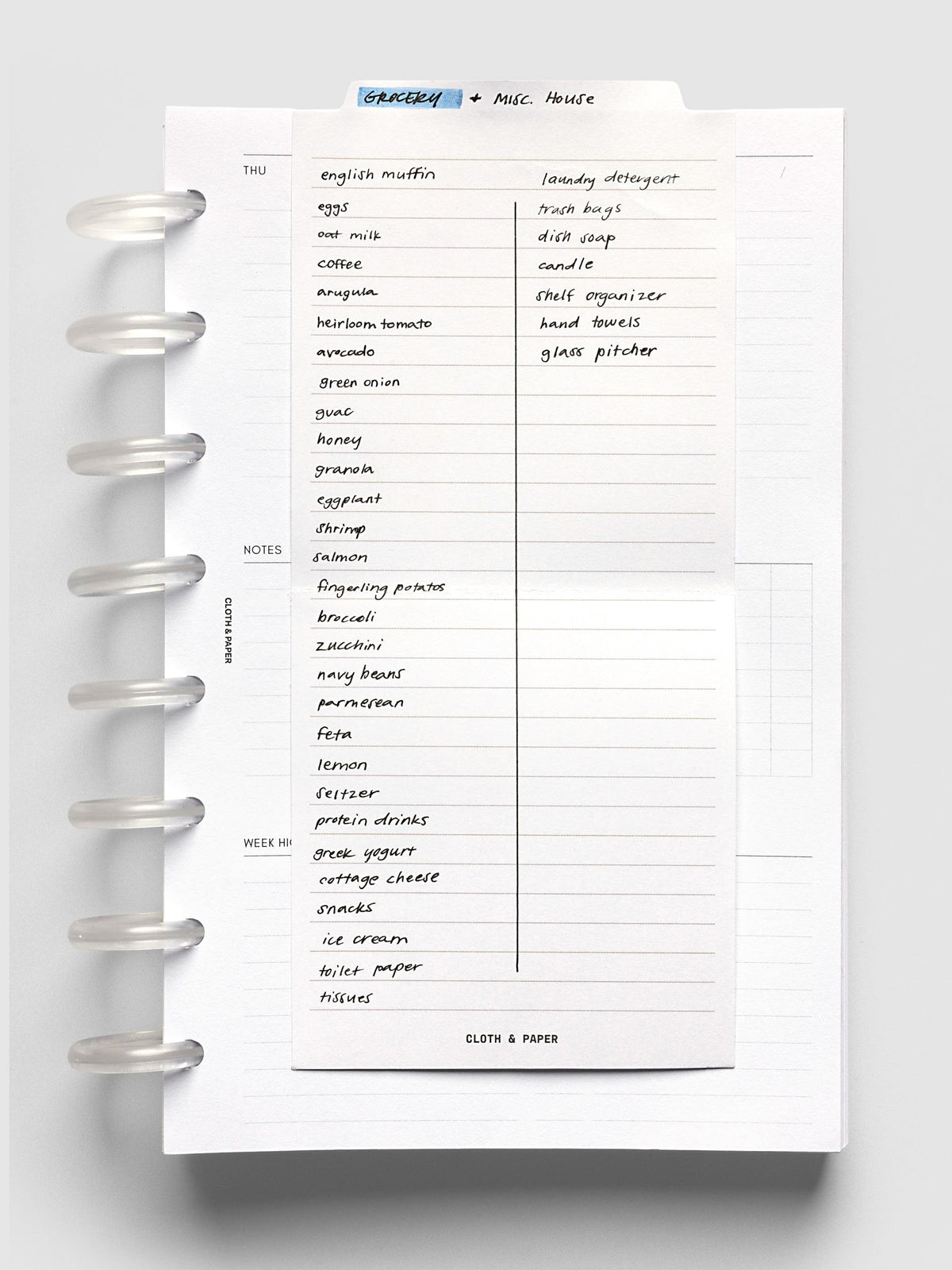 Large Sticky Notes Tab Lined, note on a weekly insert on frosted discs, filled with a handwritten grocery list