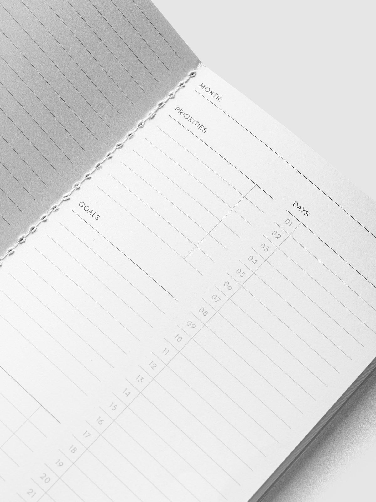 Angled close-up of the Month, Priorities, Goals and Days sections on the Monthly Overview A5 Slim page