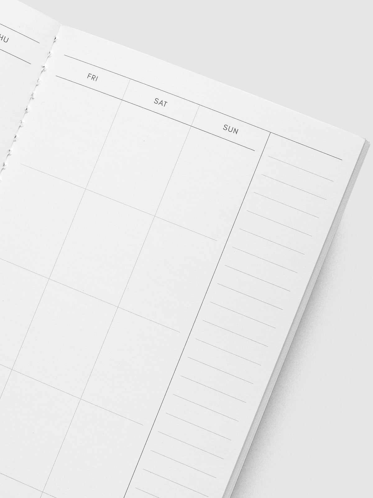 Close-up of the Friday to Sunday columns and lined notes column of the calendar spread in the Monthly Overview A5 Slim