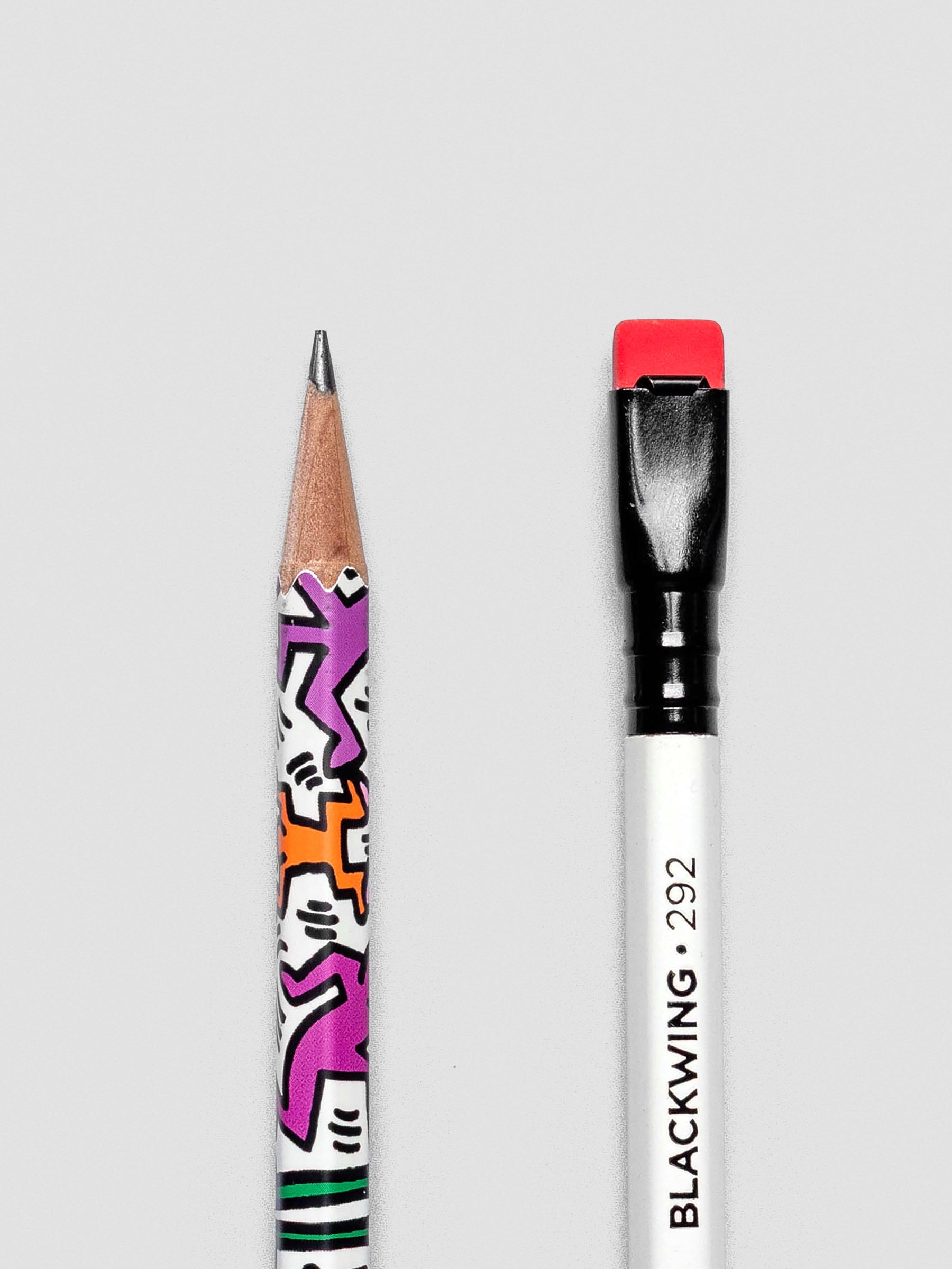 Close up of a sharpened pencil tip and the eraser on the Blackwing pencils.