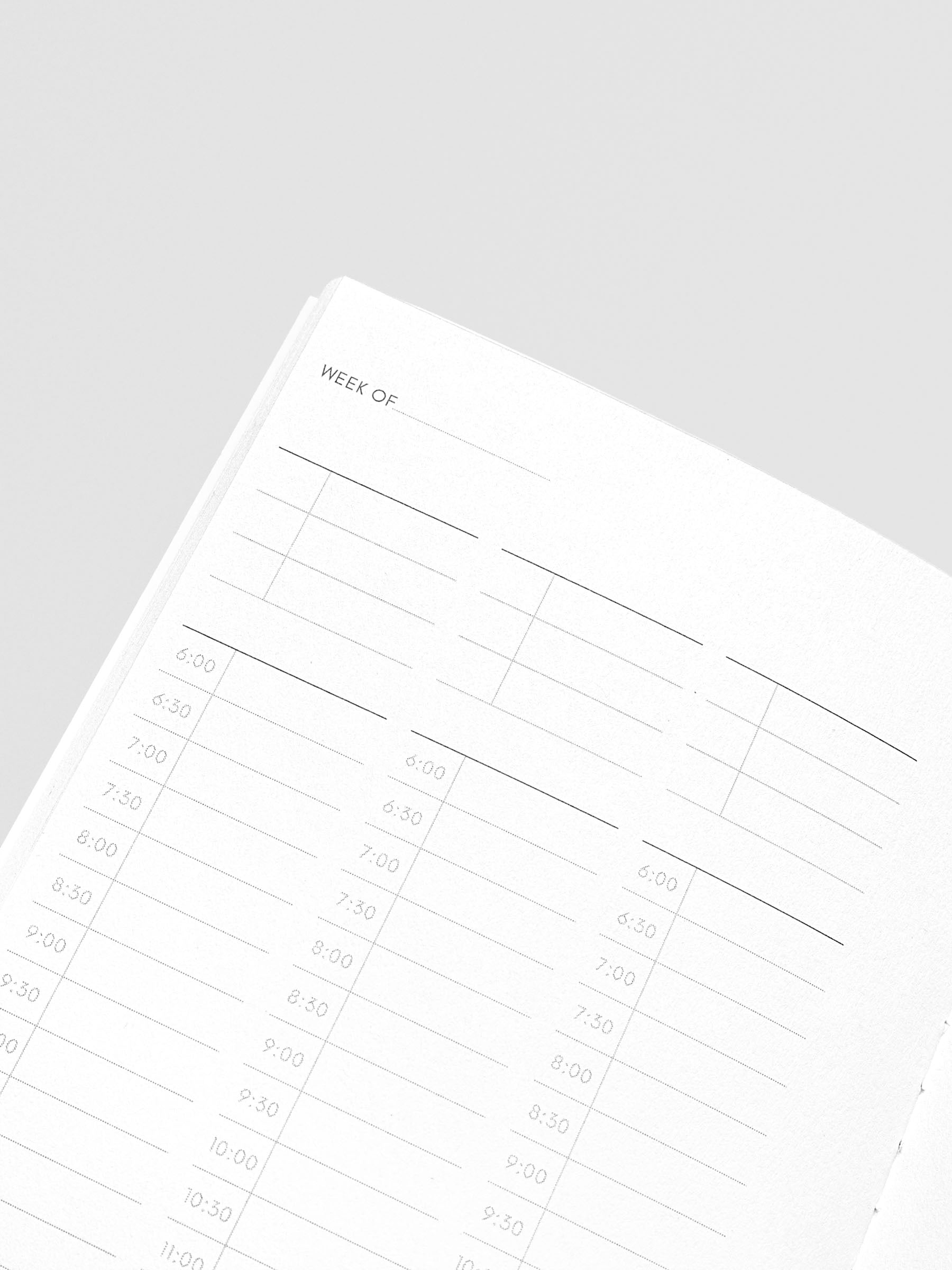 Travel Journal in size Pocket Plus in color Bordeux with 30 Minute Time Block pages shown close up.