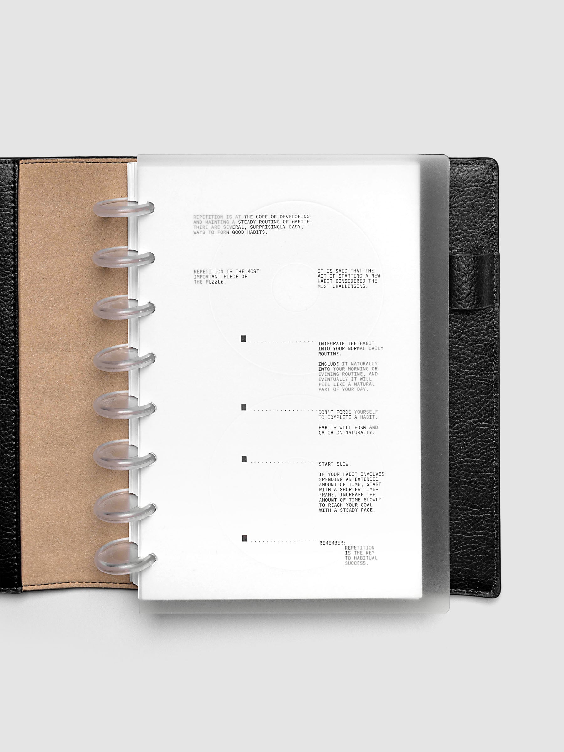 On Repeat Planner Cover + Dashboard Set shown in a black, Half Letter folio.