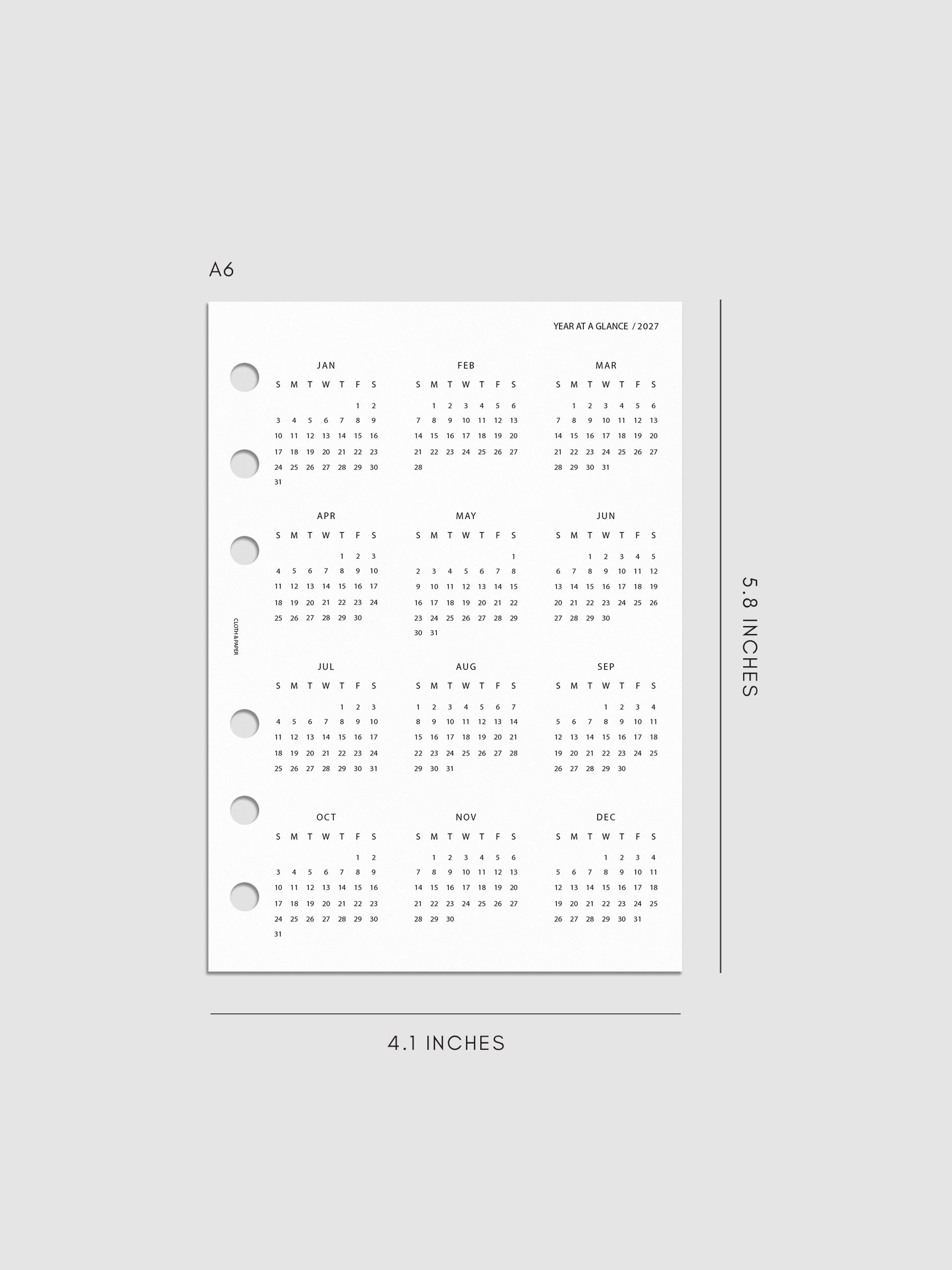 2027 Year At A Glance Dashboard Sunday Start, A6 6-Ring Punch, translucent vellum dashboard printed with a full 2027 year-at-a-glance calendar in Sunday-start format