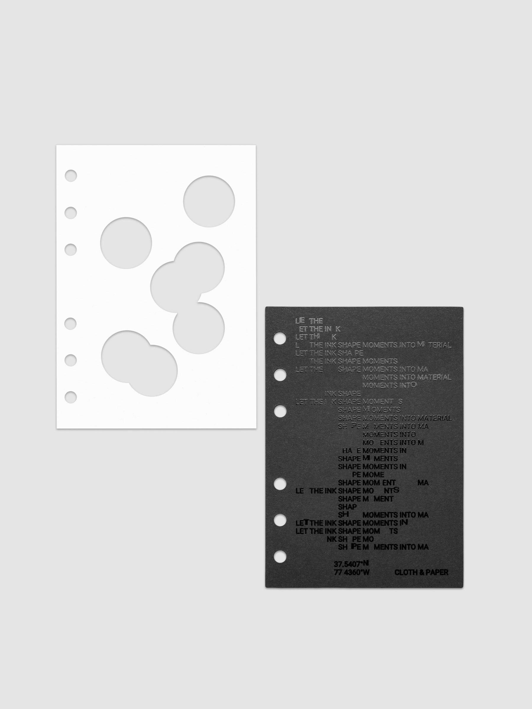 Black and white Ink Blot Planner Dashboard Duo shown with layers side by side in size A6, pre-punched for 6-ring planners.