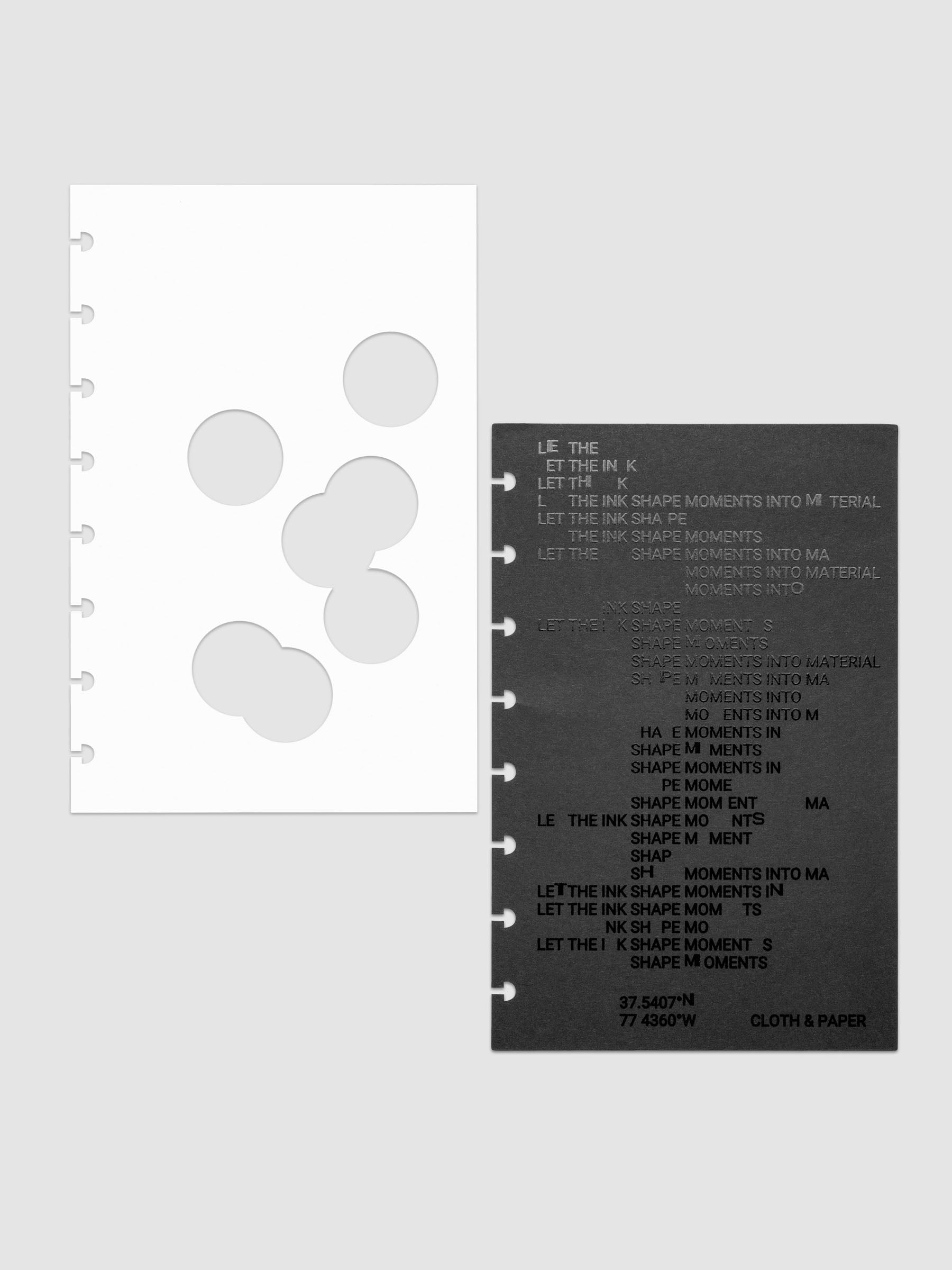 Black and white Ink Blot Planner Dashboard Duo shown with layers side by side in size Half Letter, pre-punched for discbound planners.
