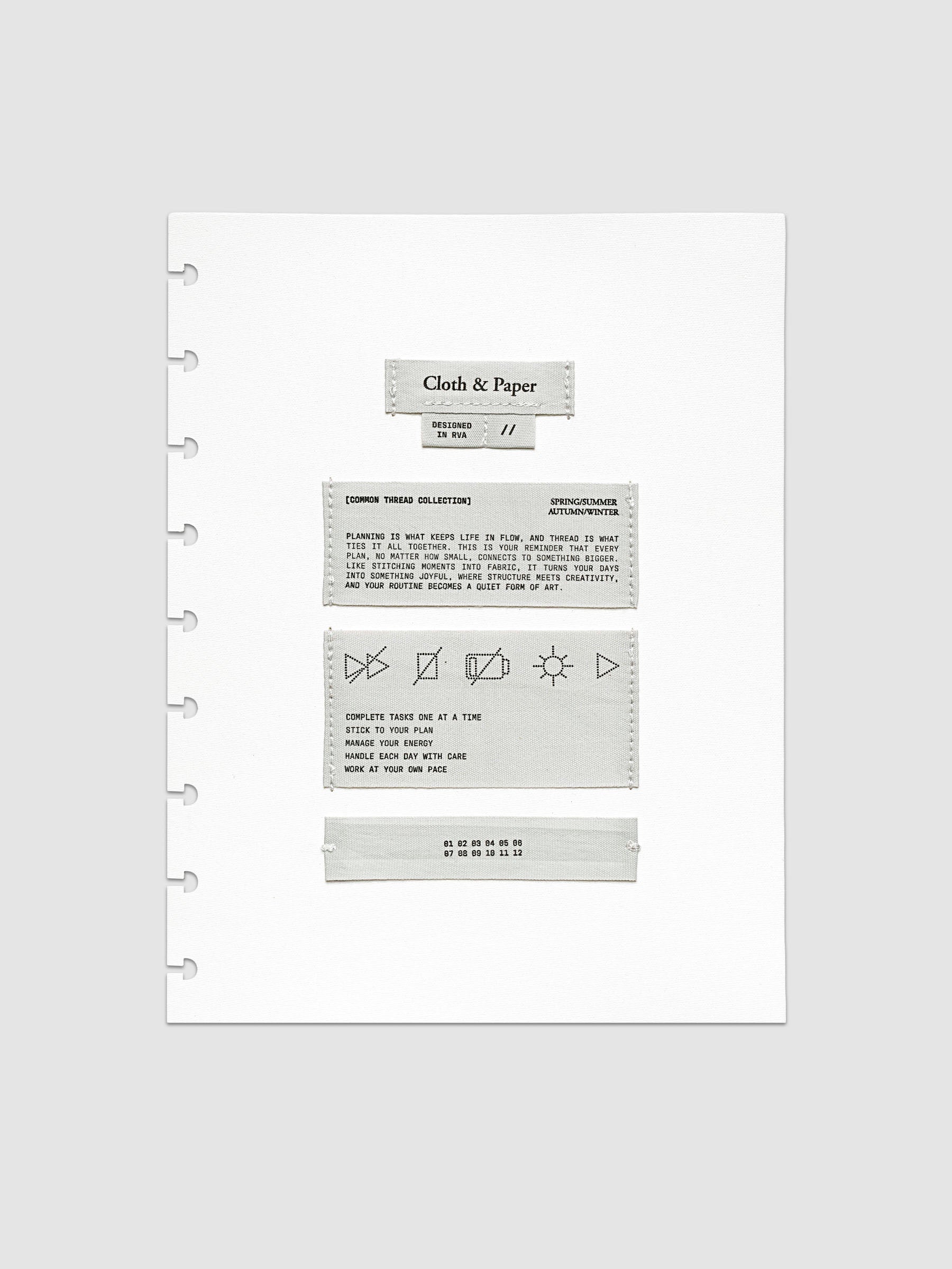 Sewn Tags Planner Dashboard shown pre-punched for discbound planners in size HP Classic.