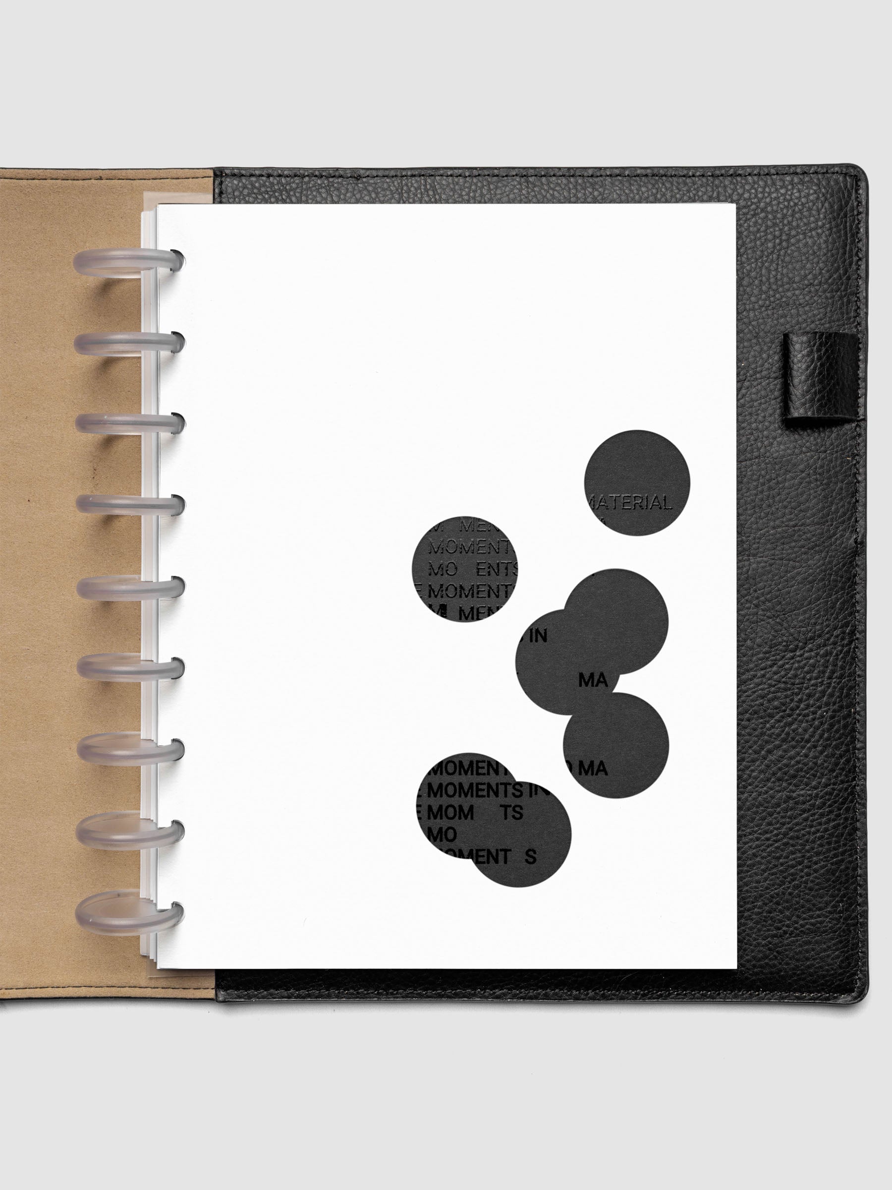 Black and white Ink Blot Planner Dashboard Duo shown layered and discbound in size HP Classic.