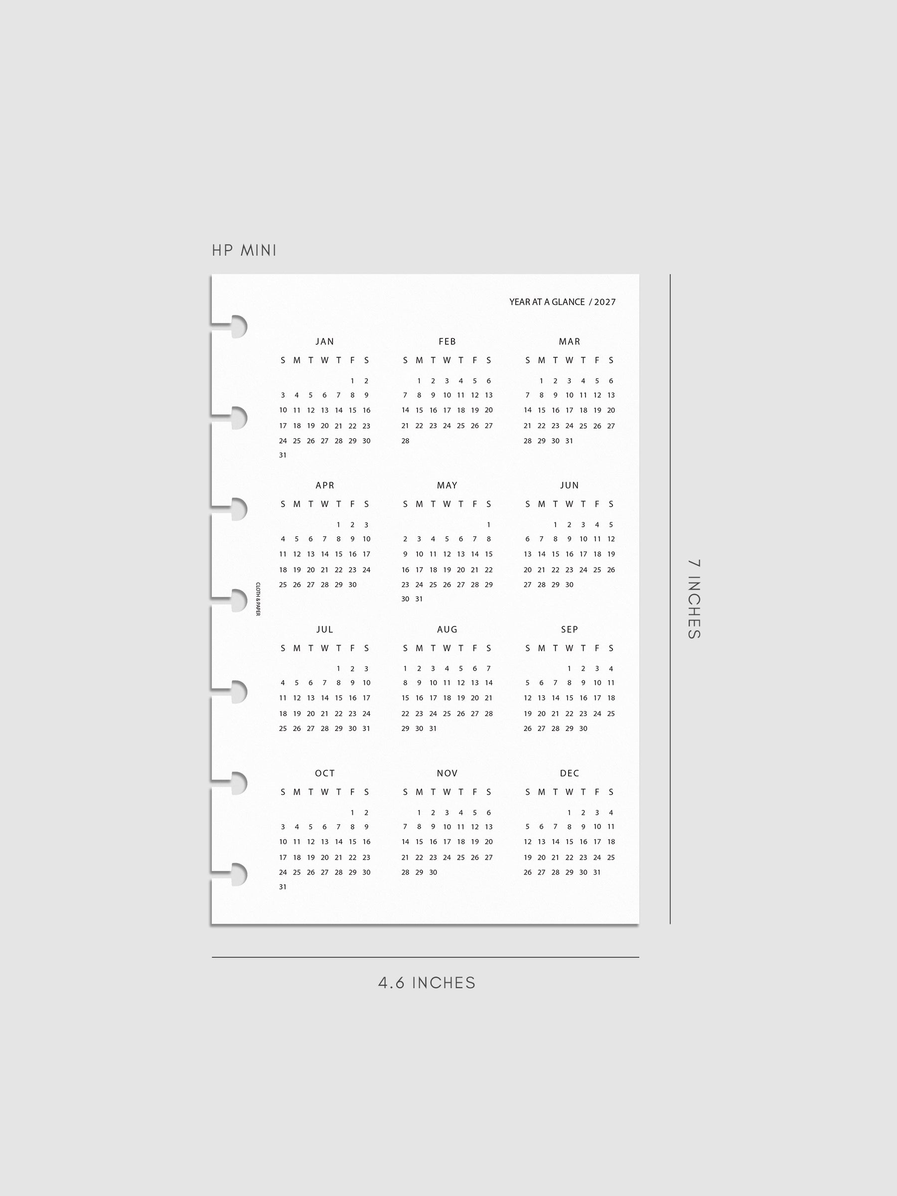 2027 Year At A Glance Dashboard Sunday Start, HP Mini 7-Disc Punch, translucent vellum dashboard printed with a full 2027 year-at-a-glance calendar in Sunday-start format