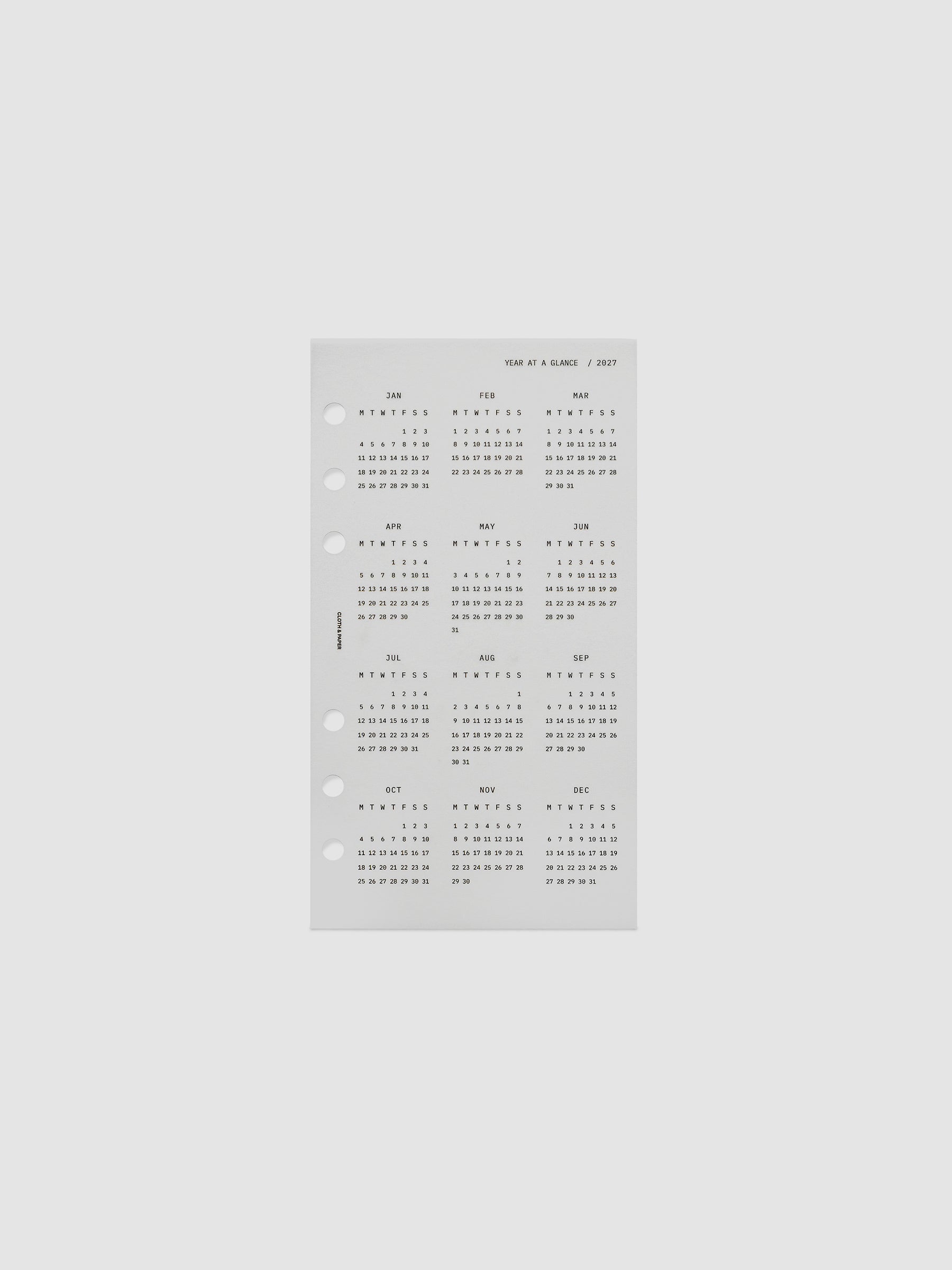 2027 Year At A Glance Dashboard Monday Start, Personal 6-Ring Punch, translucent vellum dashboard shown on its own