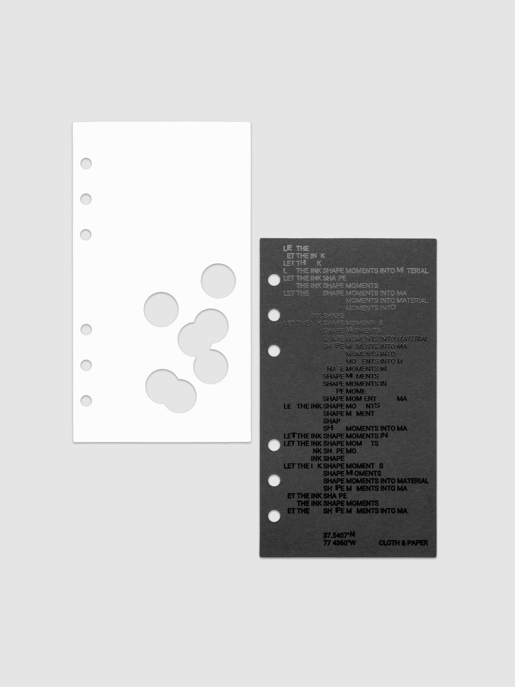 Black and white Ink Blot Planner Dashboard Duo shown with layers side by side in size Personal, pre-punched for 6-ring planners.