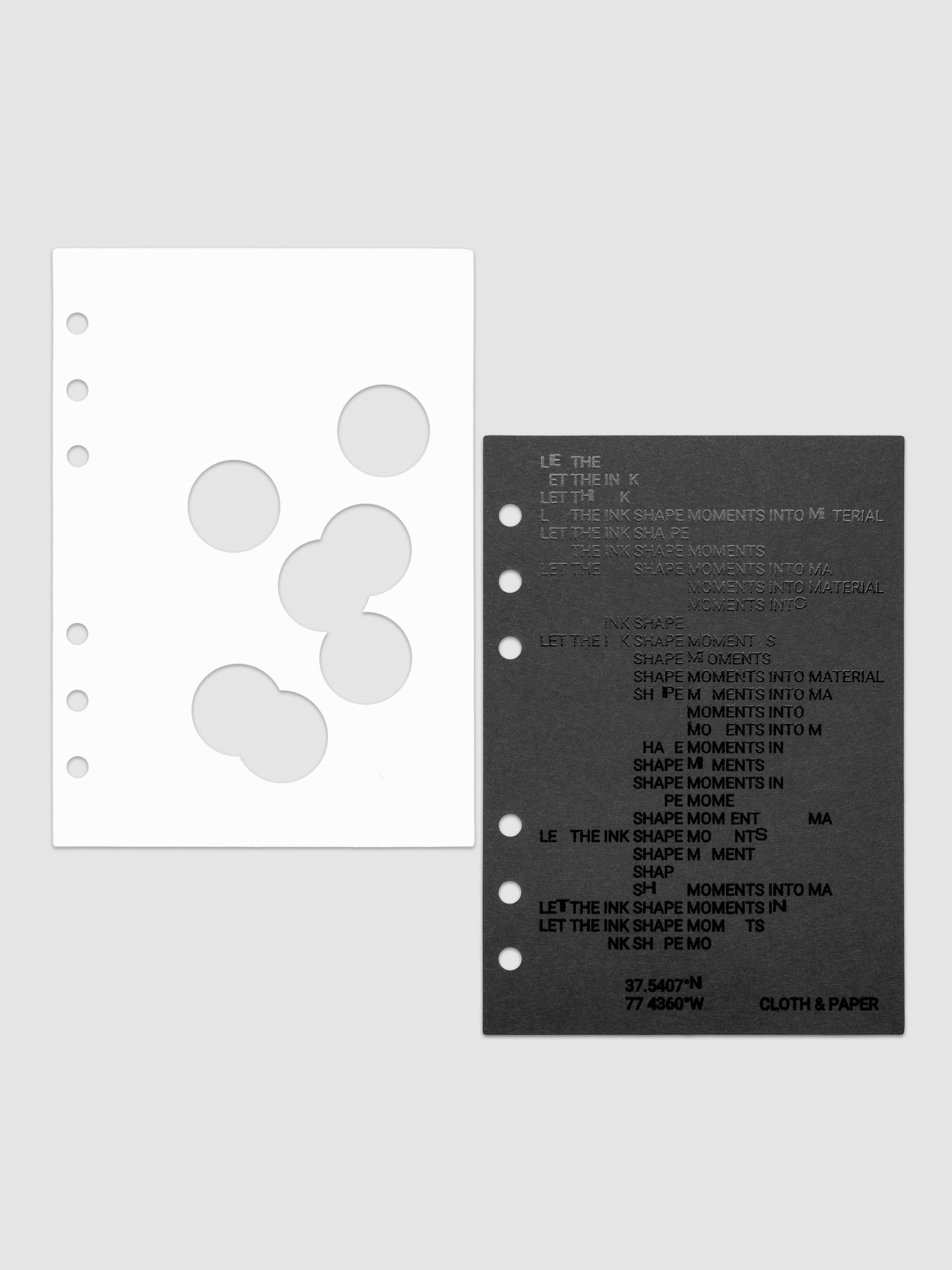 Black and white Ink Blot Planner Dashboard Duo shown with layers side by side in size Personal Wide, pre-punched for 6-ring planners.