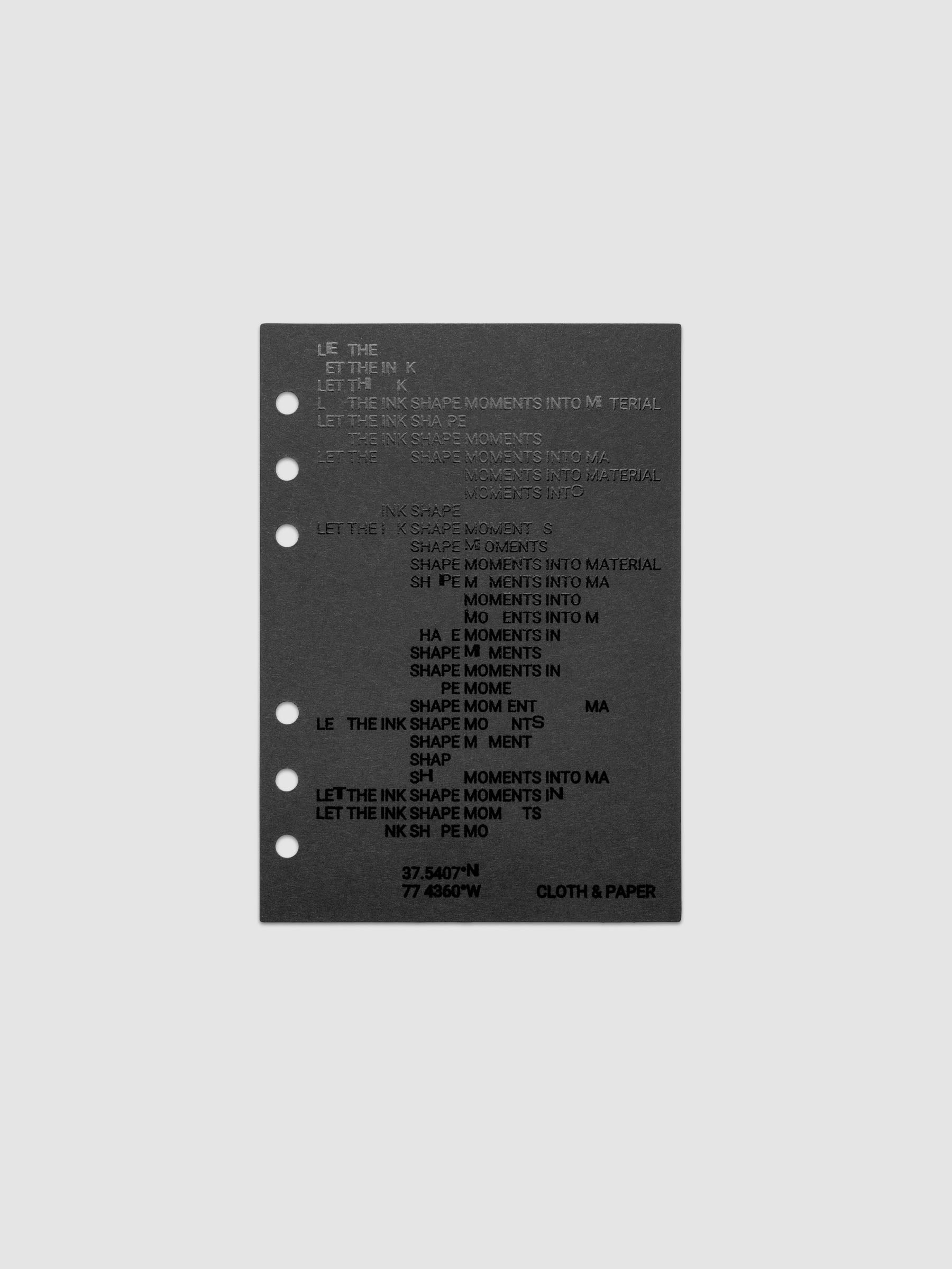 Black dashboard from the Ink Blot Planner Dashboard Duo on a neutral background in size Personal Wide, pre-punched for 6-ring planners.