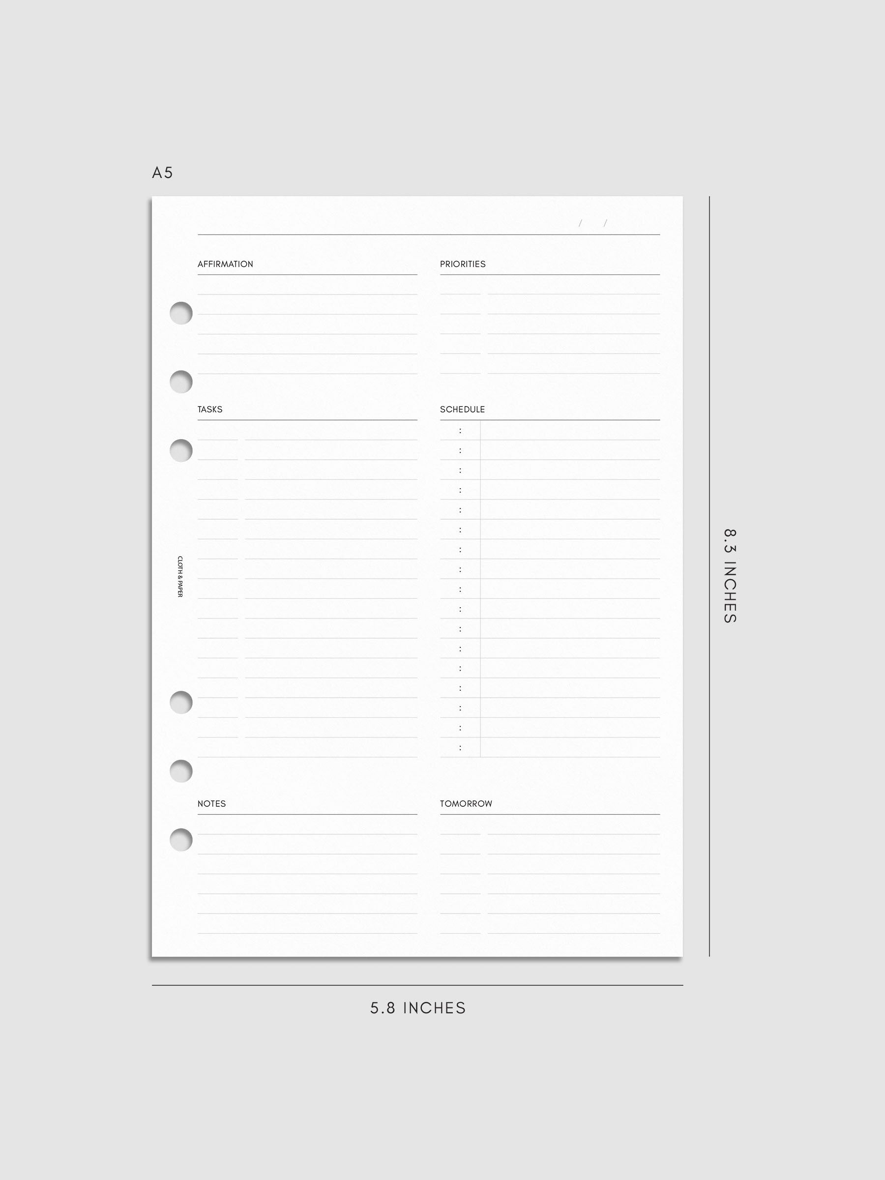 Daily Essentials Planner Inserts digital mockup in size A5, pre-punched for 6-ring binders. Includes headers for affirmations, priorities, tasks, schedule, notes, and tomorrow.