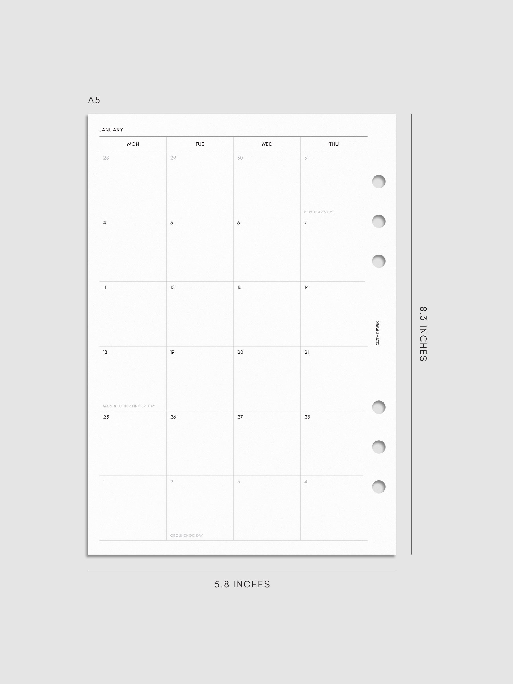 2027 Dated Monthly Planner Inserts, Monday Start, A5 6-Ring Punch, left page of two-page monthly calendar spread with Monday start shown inside a planner