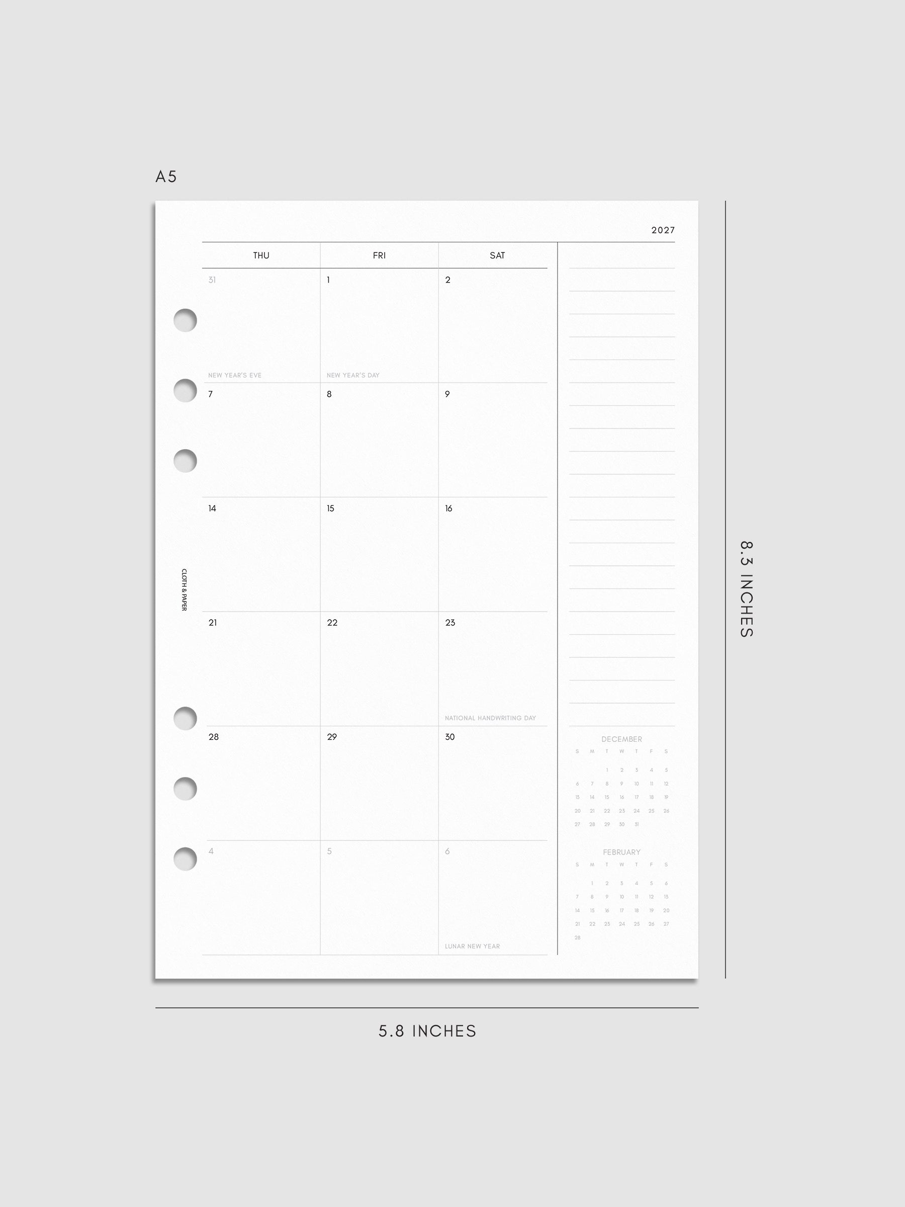 Right page of the 2027 Dated Monthly Sunday Start insert in A5 6-Ring Punch size, showing the dated calendar grid with a notes column and mini calendars in the bottom right corner