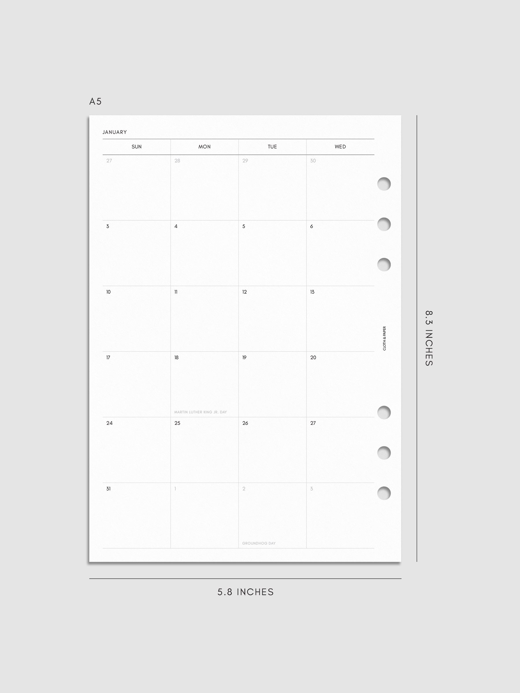 Left page of the 2027 Dated Monthly Sunday Start insert in A5 6-Ring Punch size, showing the dated calendar grid