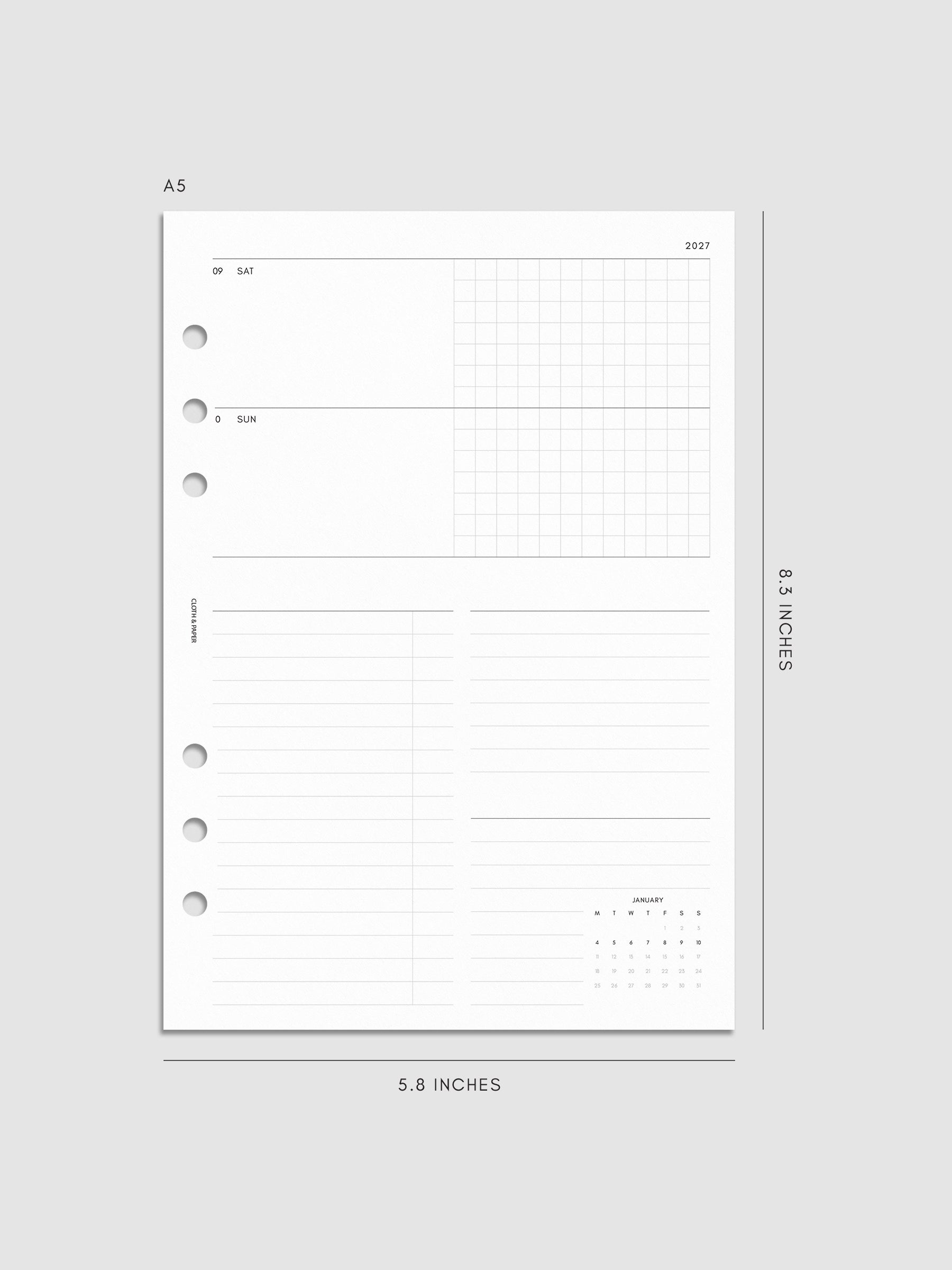Mockup of the 2027 Dated Weekly Horizontal Planner Inserts | Monday Start's right page shown in size A5 6-Ring Punch.