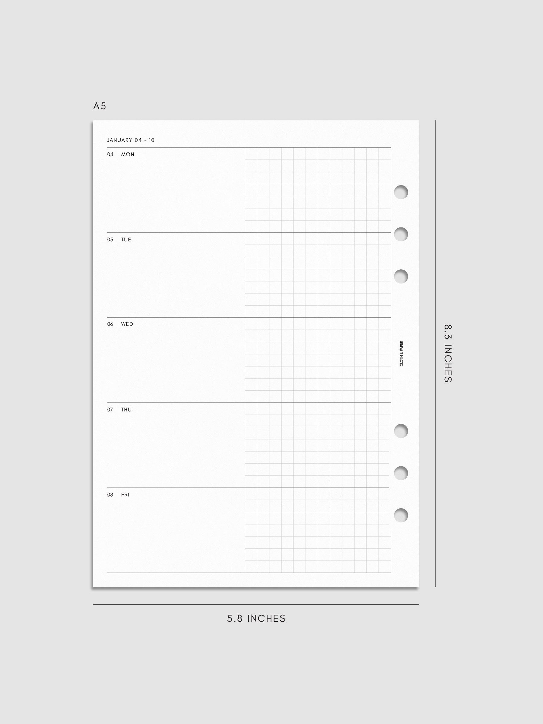 Mockup of the 2027 Dated Weekly Horizontal Planner Inserts | Monday Start's left page shown in size A5 6-Ring Punch.