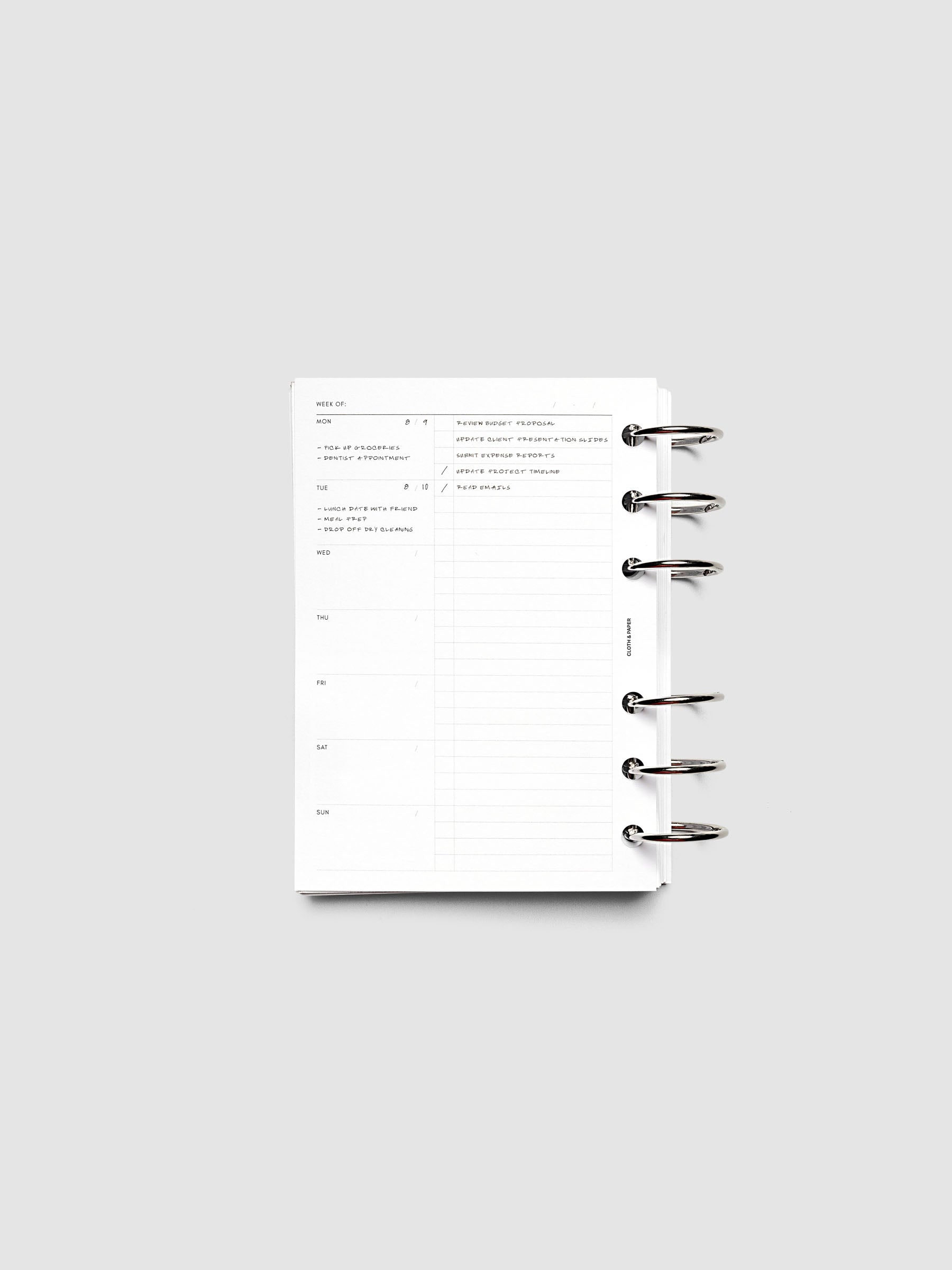 Weekly Checklist Planner Inserts shown ring bound in size A6.