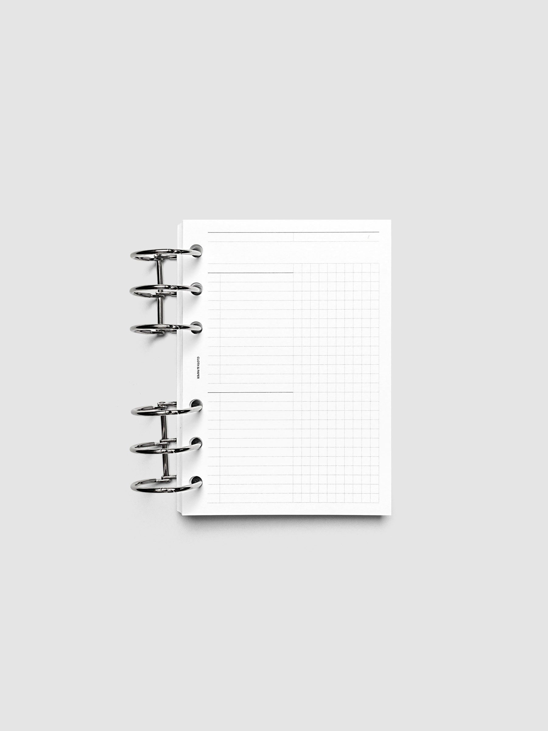 Daily Workflow Planner Inserts, A6 6-Ring Punch, right page showing large graph notes section inside a planner