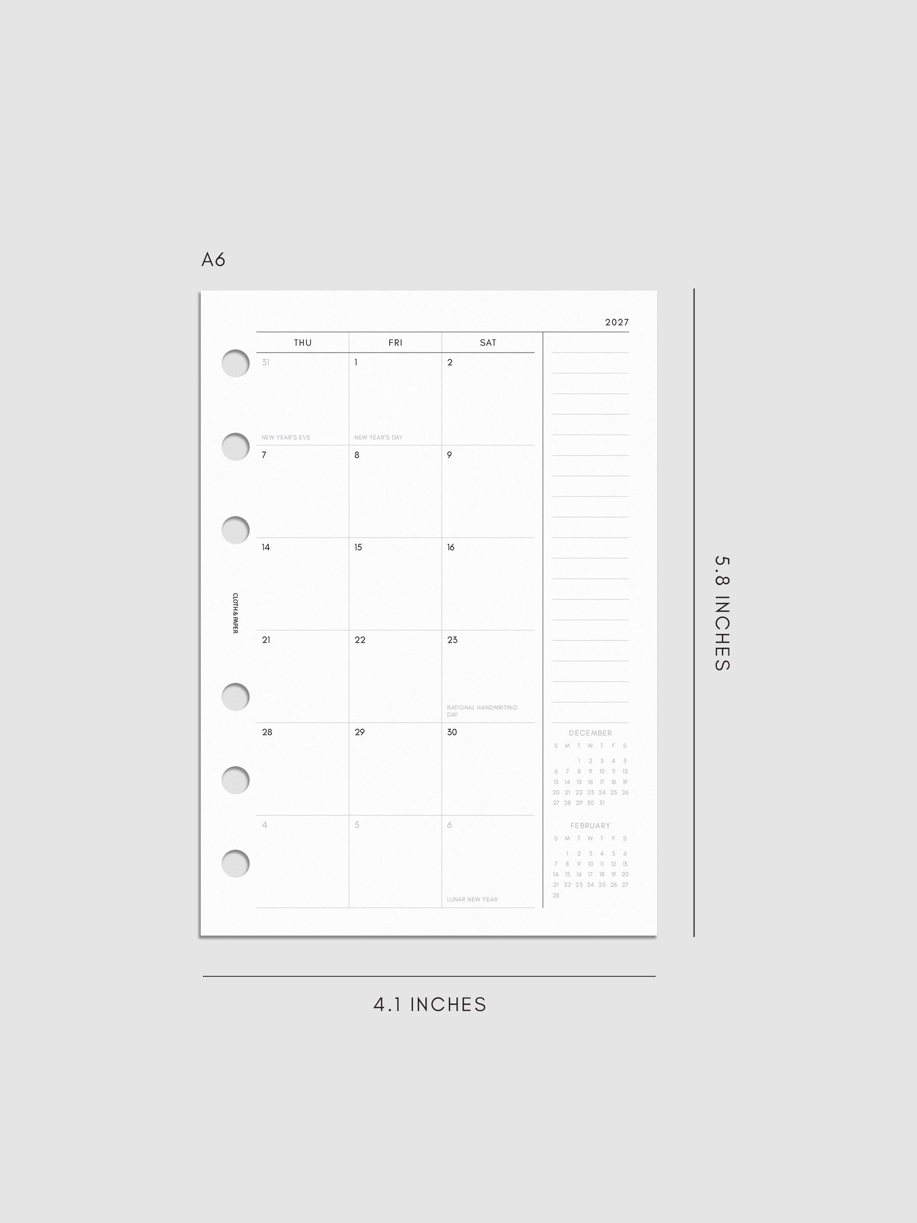 Right page of the 2027 Dated Monthly Sunday Start insert in A6 6-Ring Punch size, showing the dated calendar grid with a notes column and mini calendars in the bottom right corner